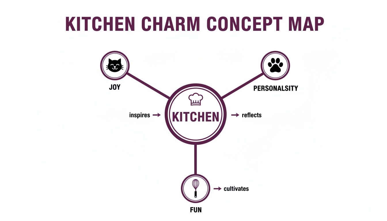 A concept map showing 'Kitchen' at the center, inspiring joy, reflecting personality, and cultivating fun.