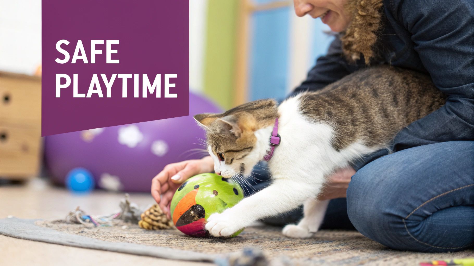 A fluffy cat carefully inspecting a new toy with its paw.