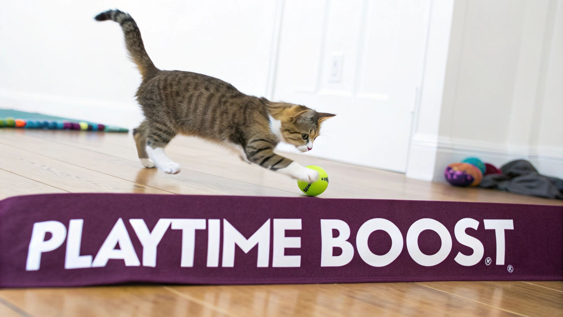 A playful tabby cat with white paws bats at a bright green tennis ball on a wooden floor, near a "PLAYTIME BOOST" mat.