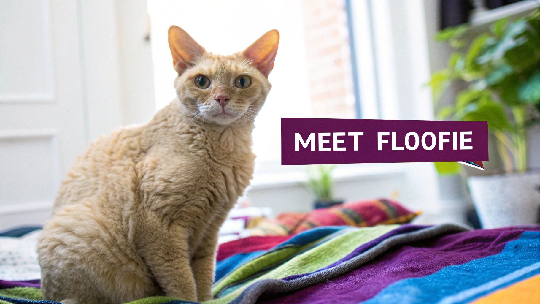 A beautiful Selkirk Rex cat with dense, curly gray fur looking directly at the camera.