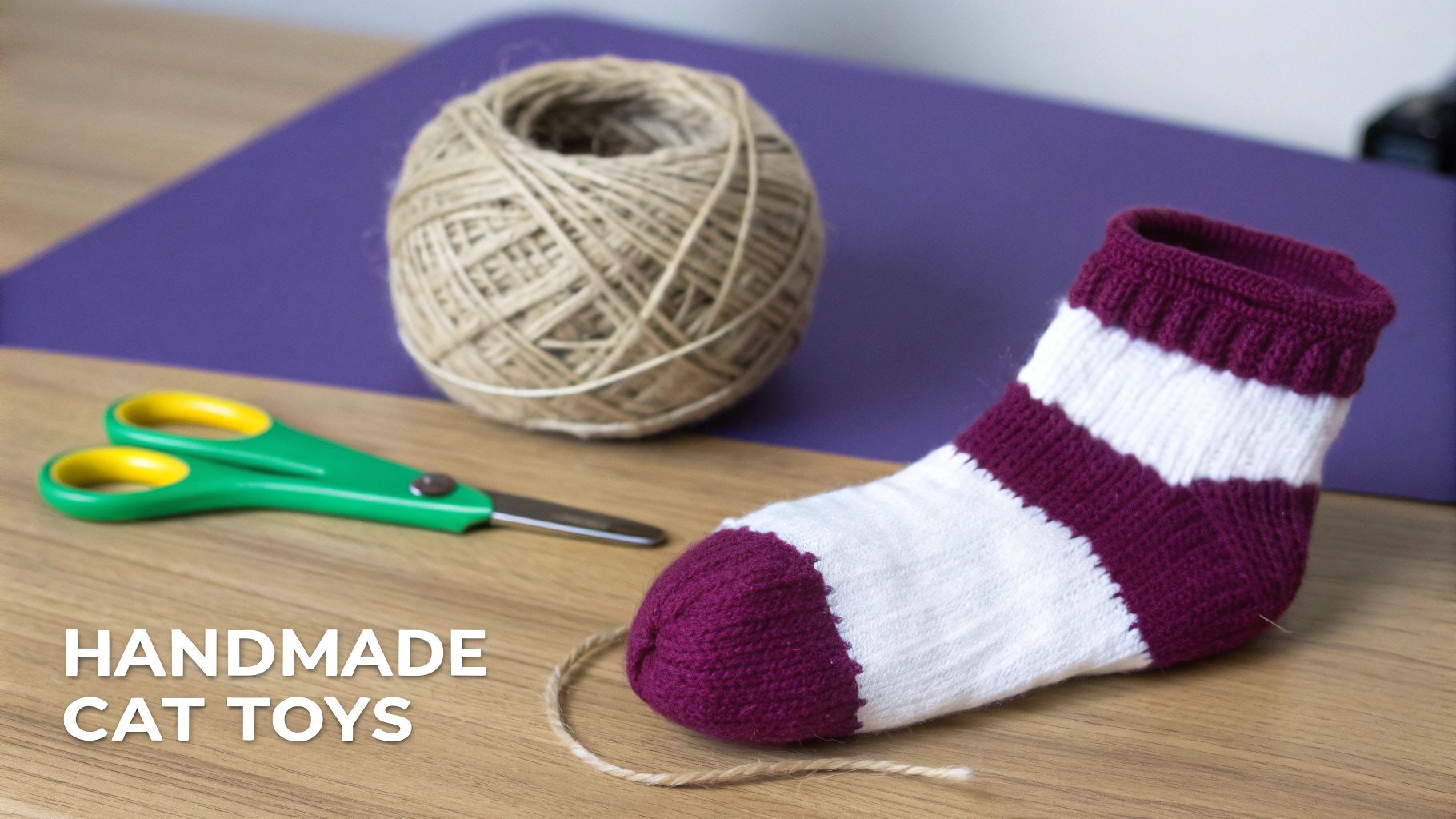 A person's hands crafting a DIY cat toy with feathers and yarn next to a Christmas stocking.