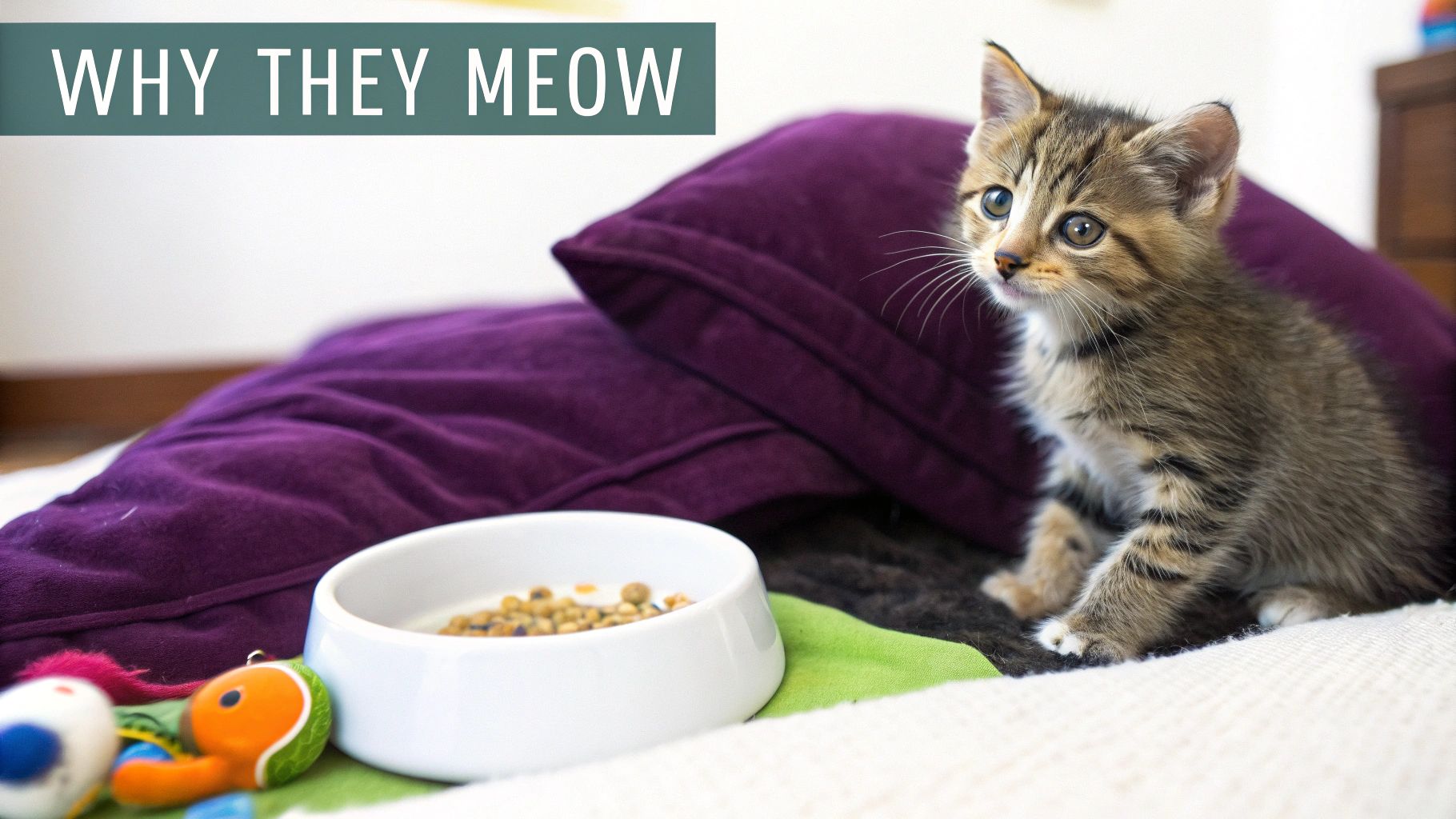 A small kitten looking up and meowing attentively