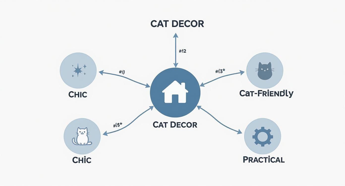 A mind map with 'Cat Decor' at the center, branching to 'Chic', 'Cat-Friendly', and 'Practical' concepts.