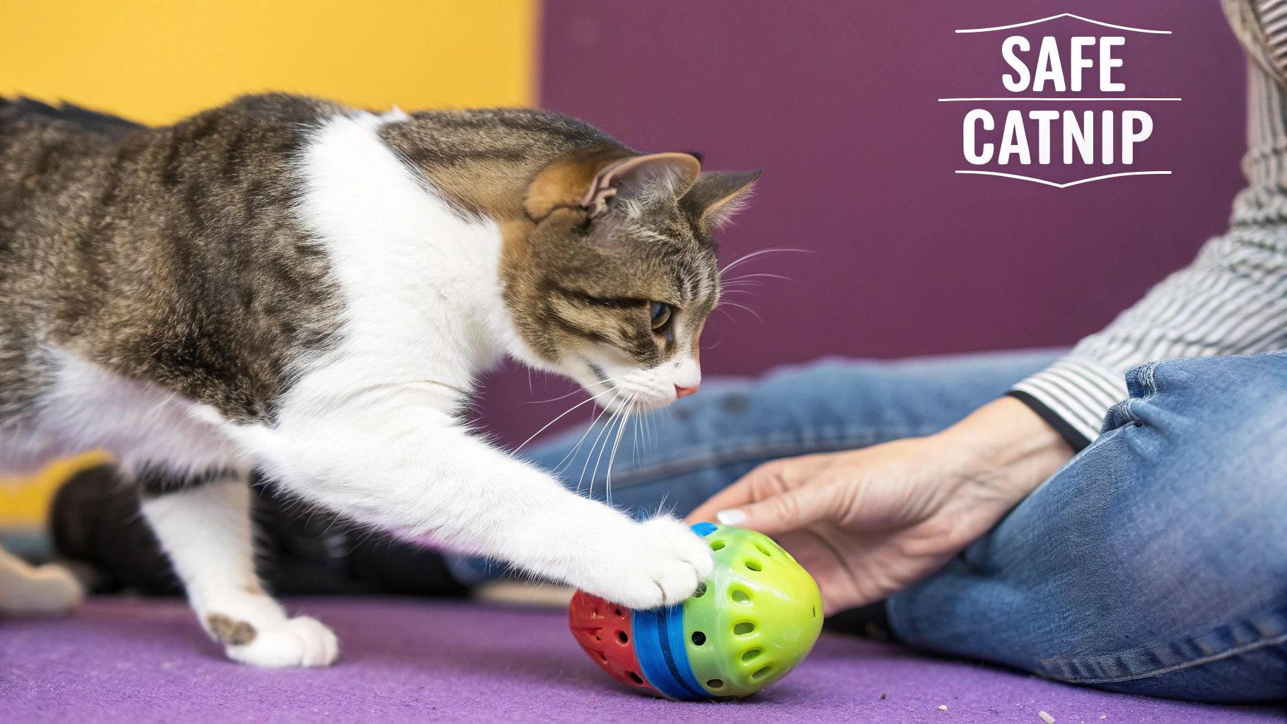 A cat playing with a small catnip toy on a wooden floor.