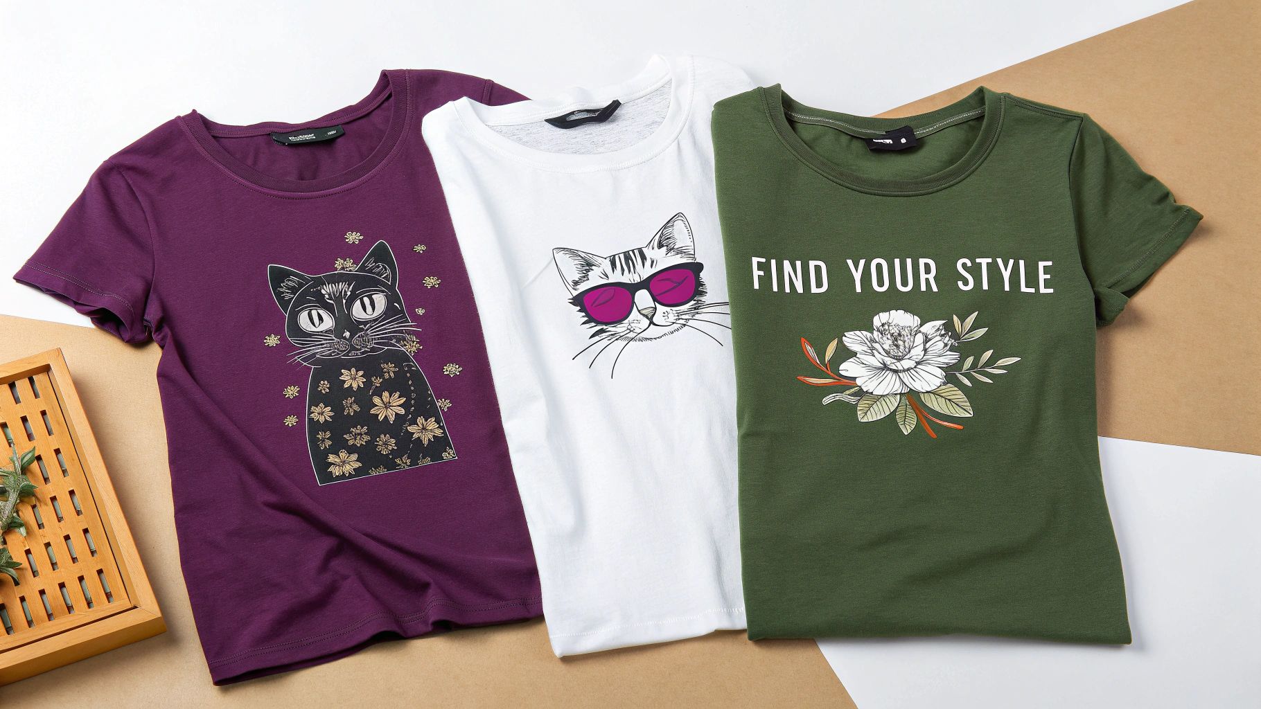 Three colorful t-shirts for women, featuring fun cat prints and a 'Find Your Style' floral design.