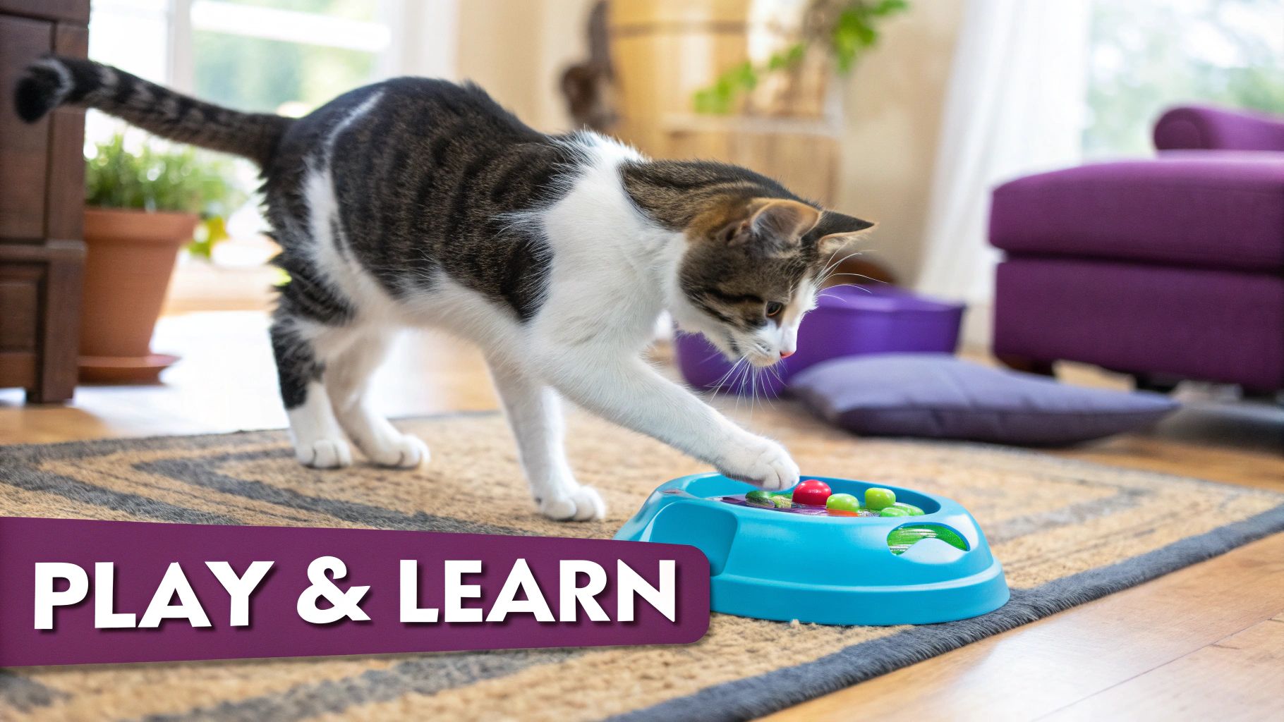 A happy cat playing with a puzzle toy on the floor
