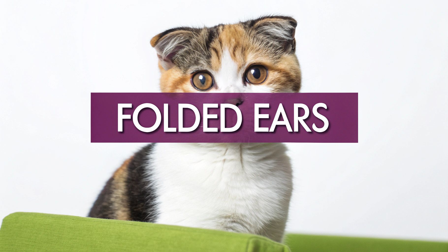 A calico cat with distinctive folded ears peeking over a green cushion, with 'FOLDED EARS' text overlay.