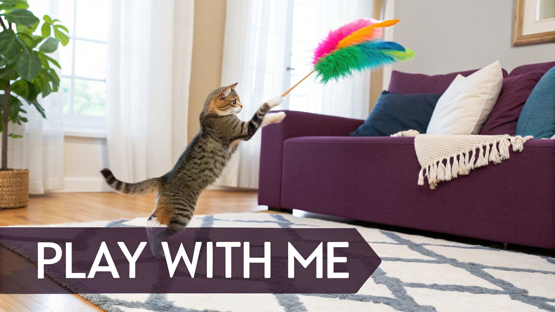 A fluffy cat looking up affectionately at its owner for attention.