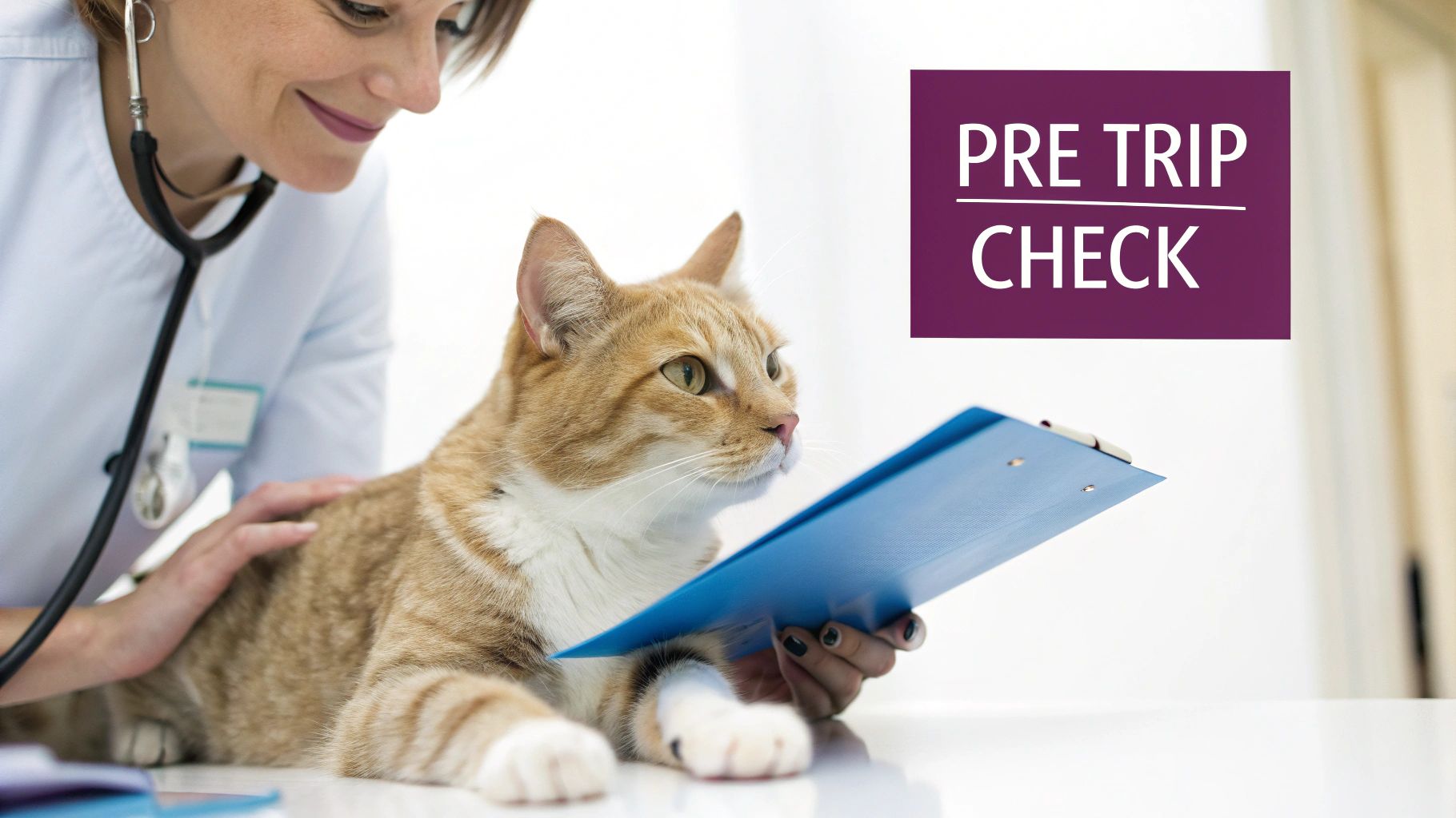 A veterinarian gently examines a ginger cat, highlighting a pre-trip checkup for pets.