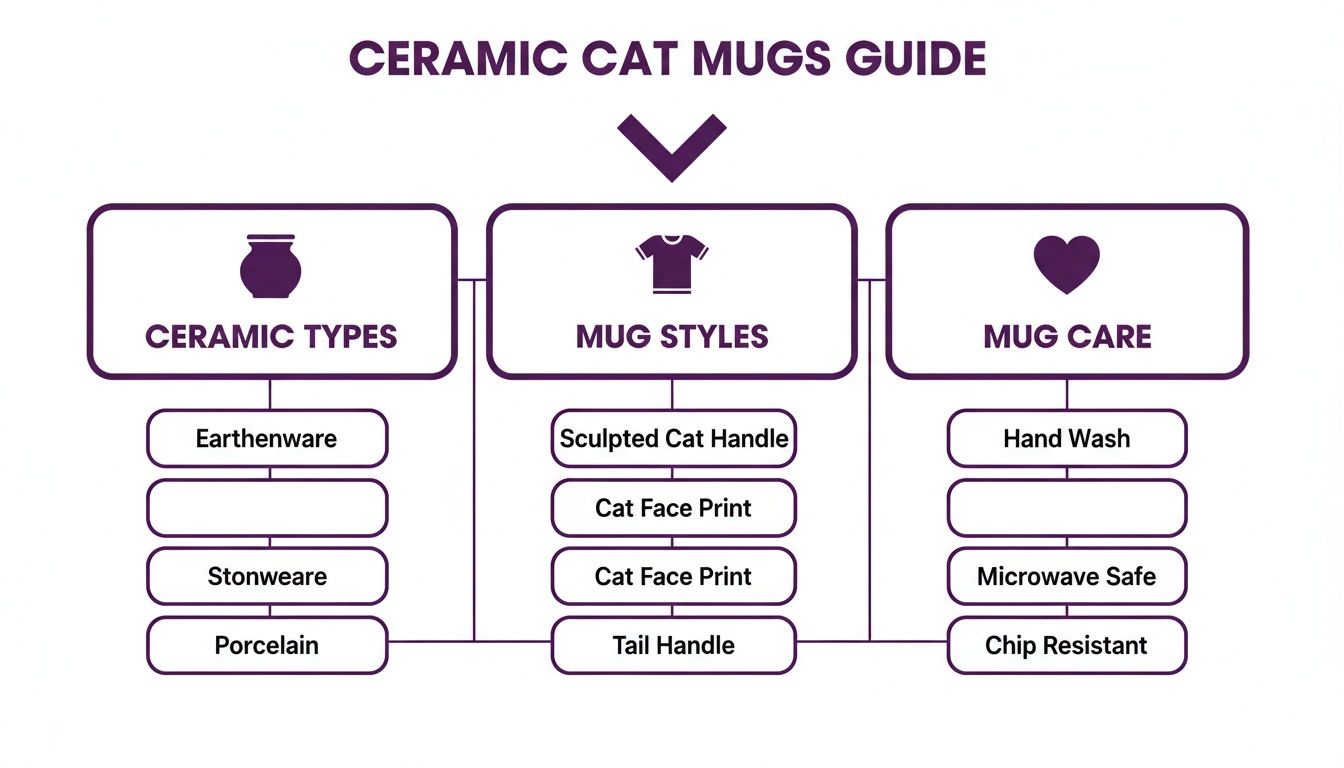A comprehensive guide to ceramic cat mugs, detailing ceramic types, mug styles, and care instructions.