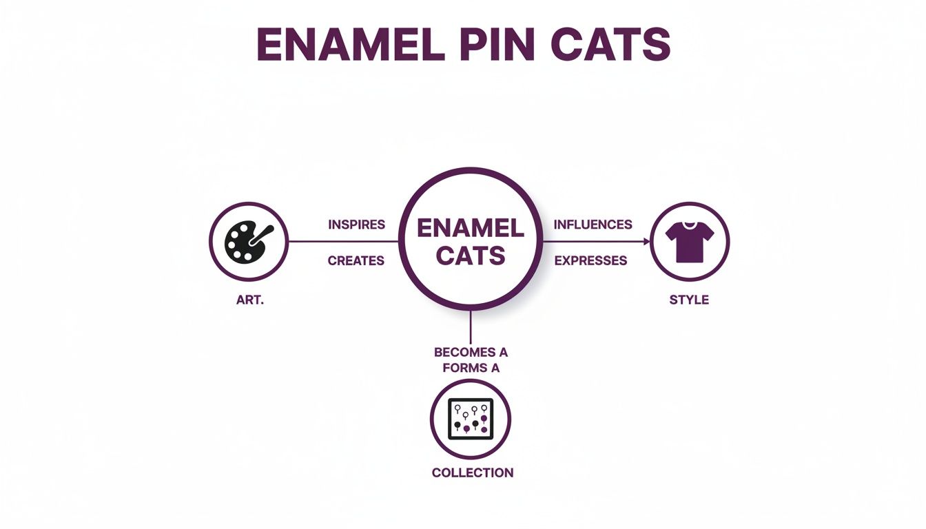Diagram showing enamel cats inspire and create art, influence and express style, and form a collection.