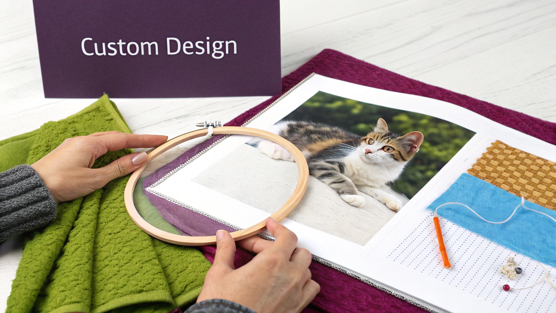 Hands holding an embroidery hoop, working on a custom design with a cat photo for inspiration.