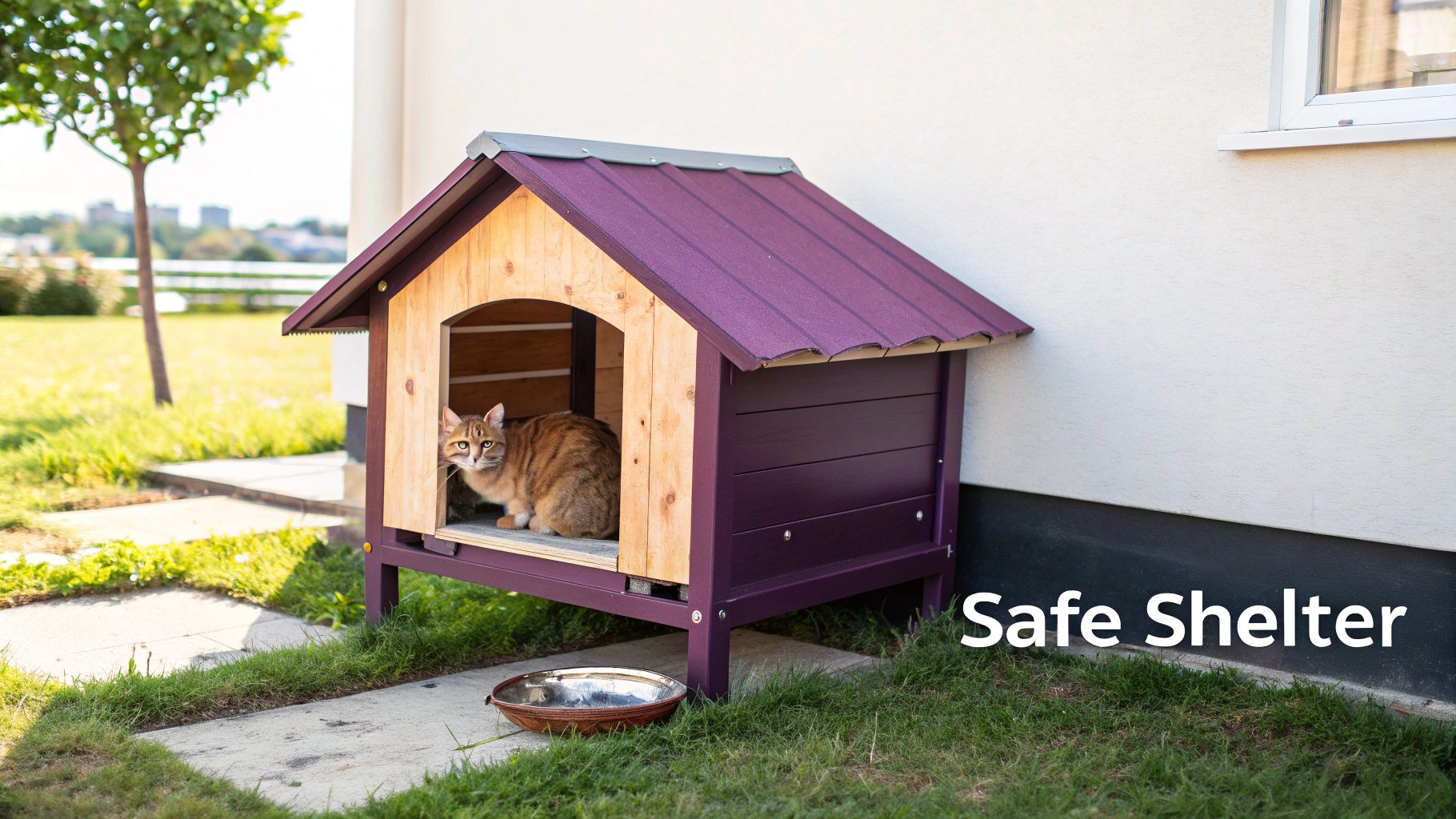 An orange tabby cat peeks out from a purple and wood outdoor cat house on a sunny day.