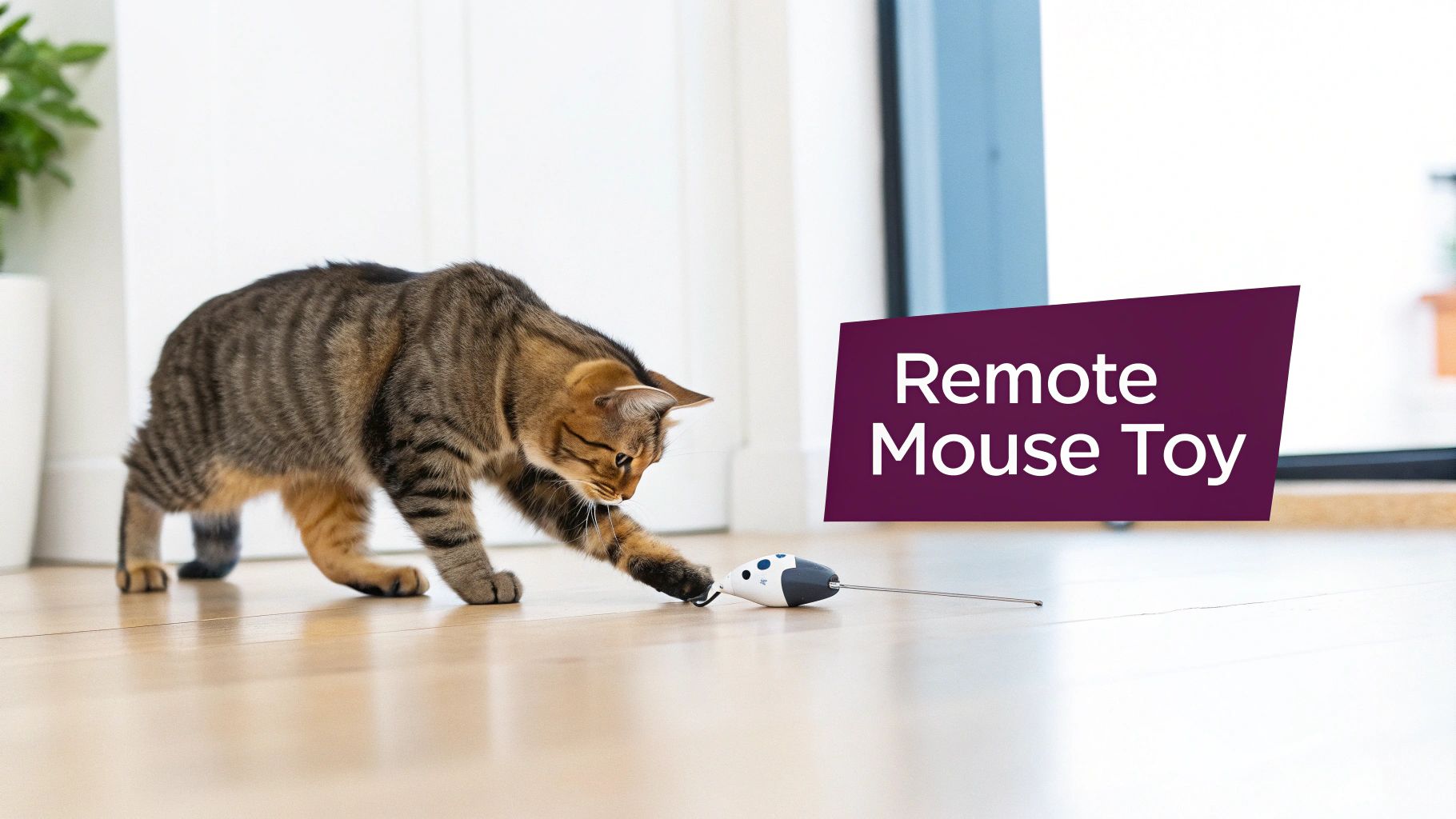 A playful tabby cat interacting with a white and black remote mouse toy on a light wood floor.