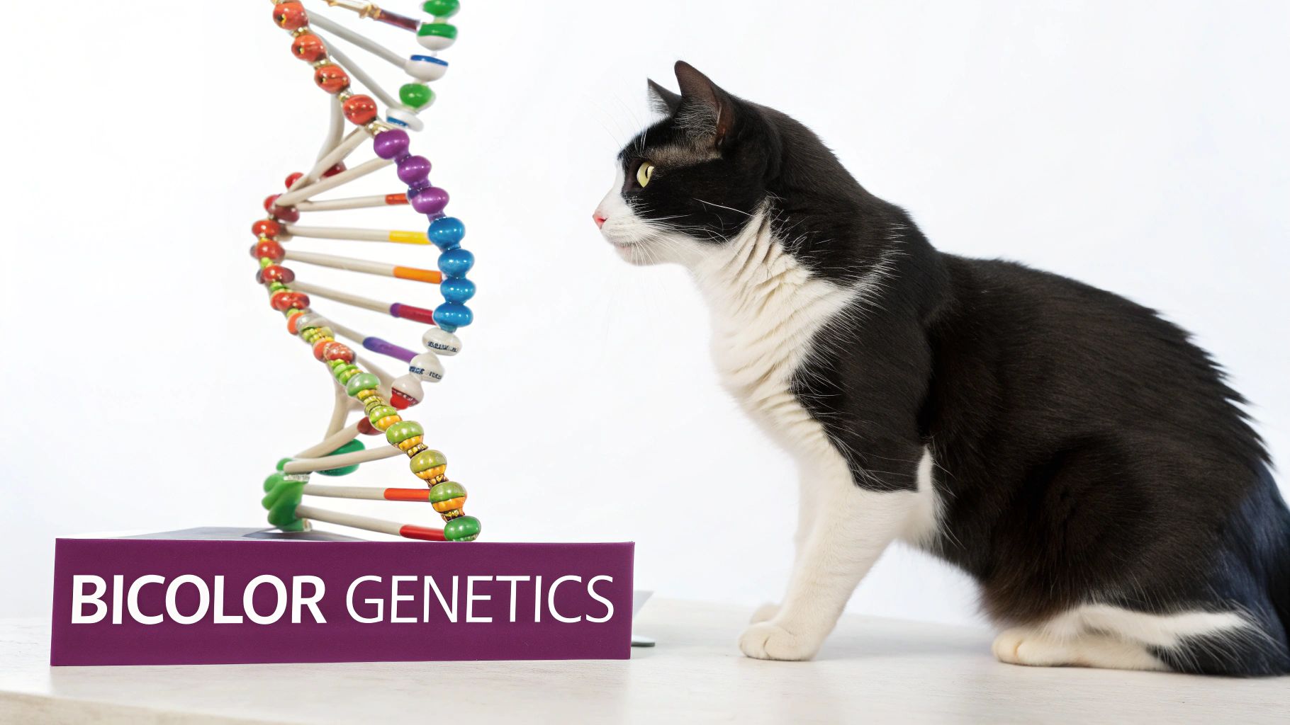 A black and white tuxedo cat intently observes a colorful DNA model next to a 'BICOLOR GENETICS' sign.