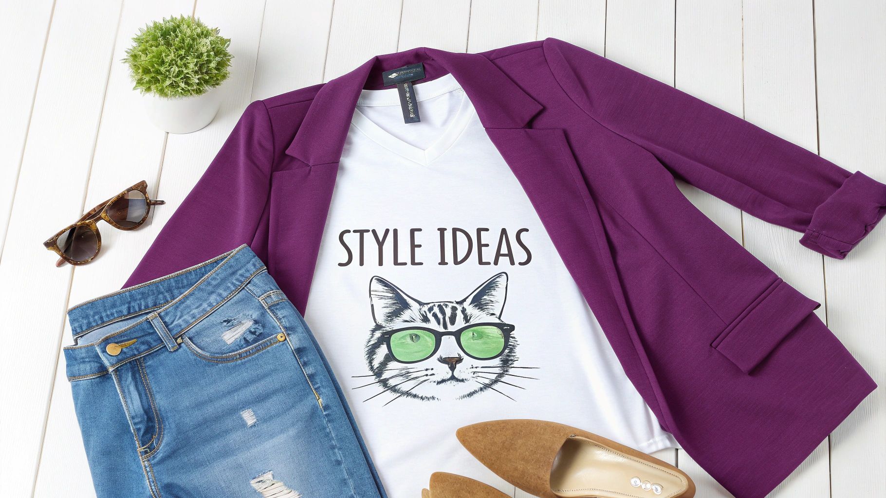 Flat lay of a purple blazer, a white graphic cat t-shirt, blue jeans, and brown flats.