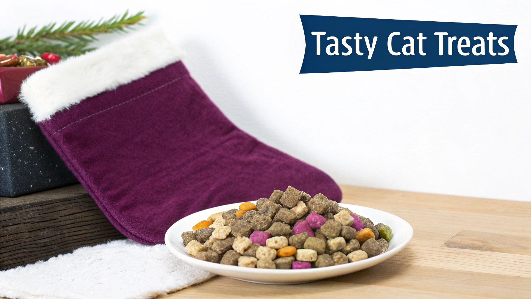 A happy cat enjoying a fish-flavored treat from a Christmas-themed bowl.
