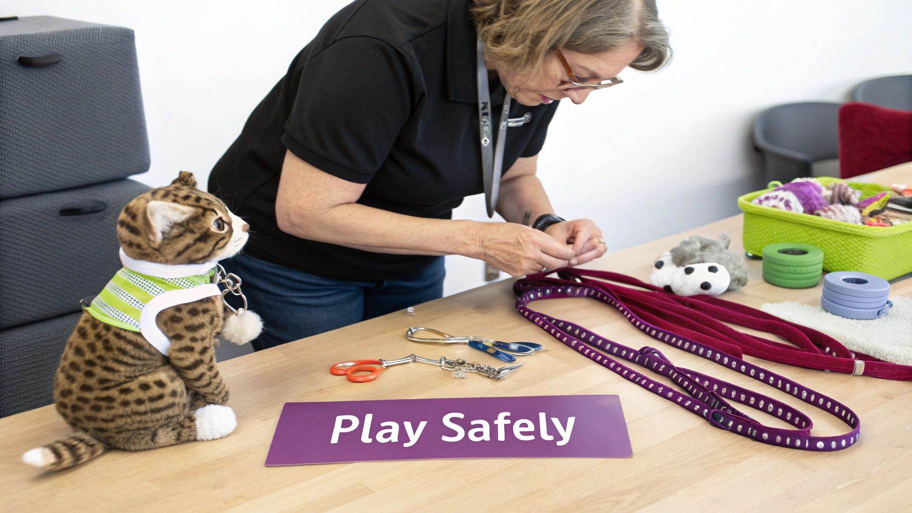 A woman carefully crafts pet leashes on a wooden table, observed by a stuffed toy cat in a harness.