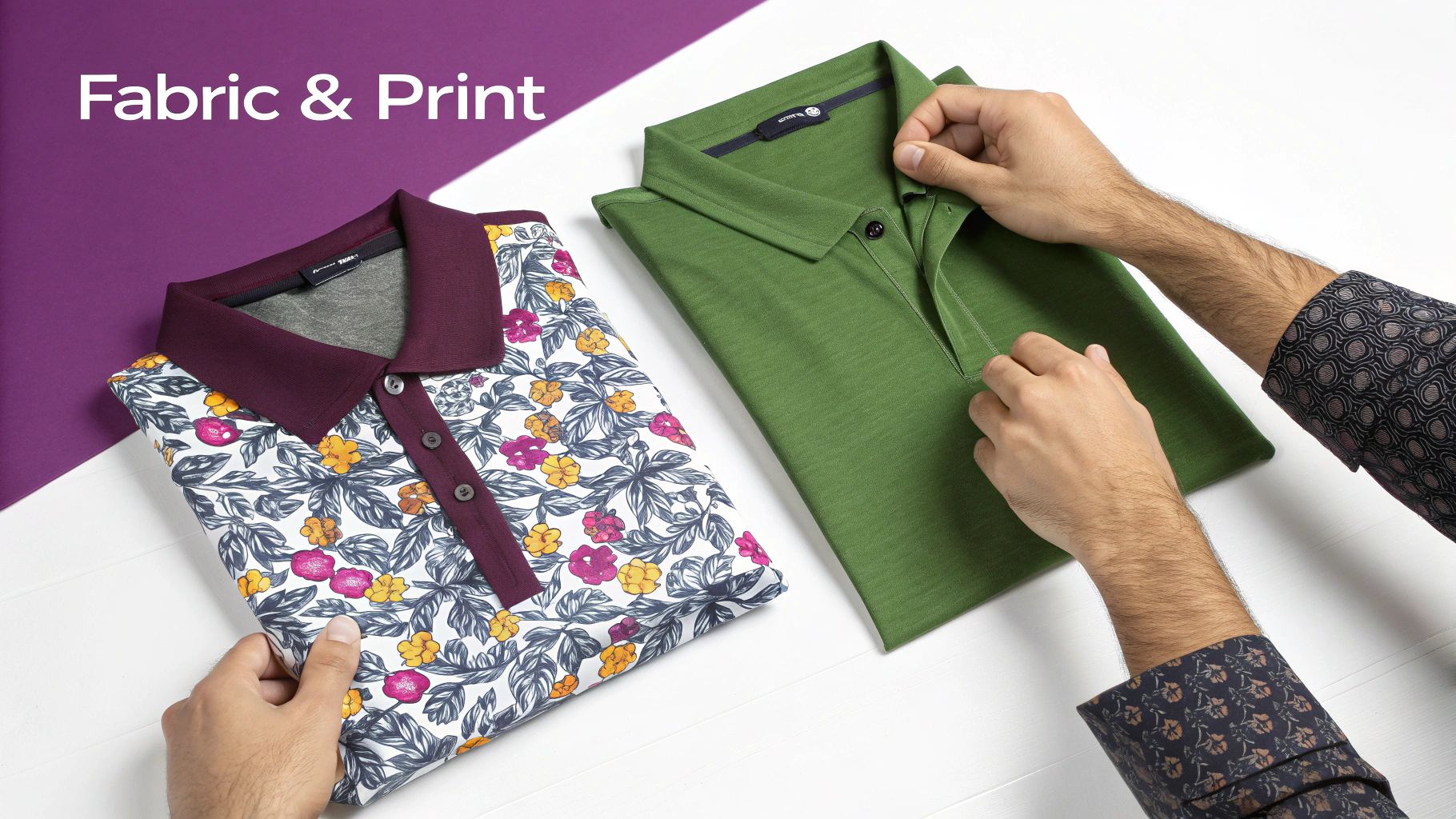 Two polo shirts, one floral print and one solid green, being examined for fabric and print.