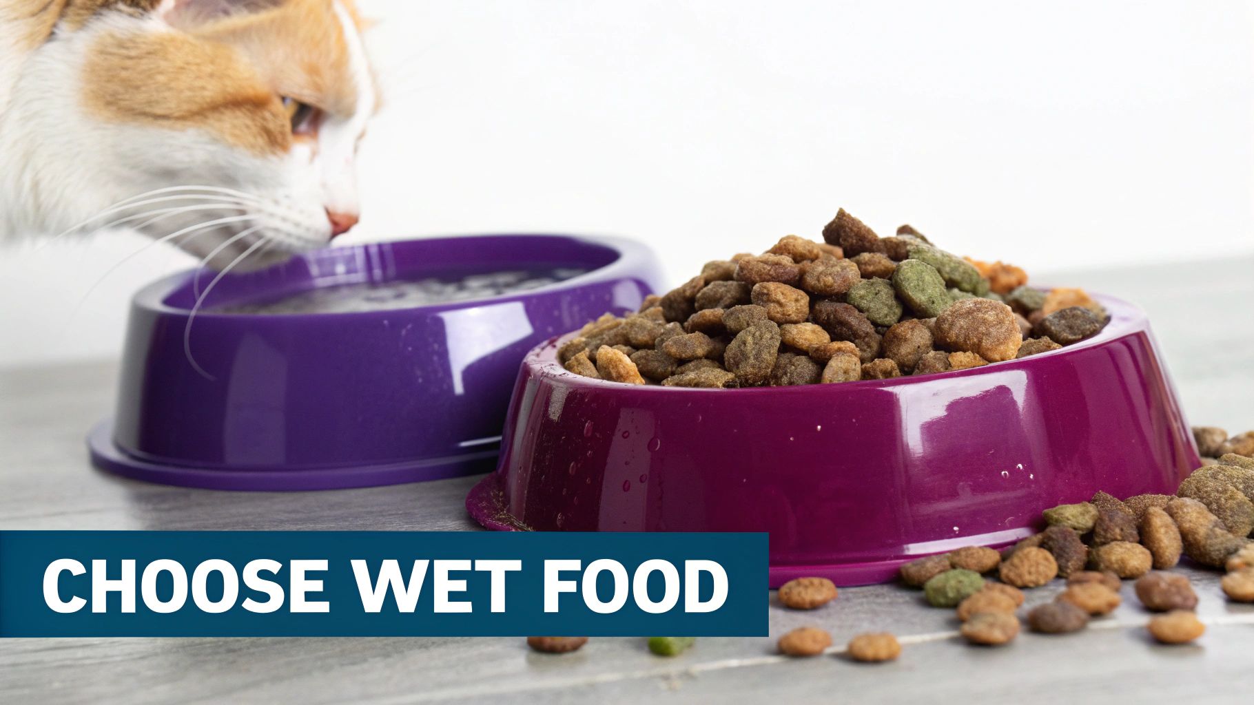A domestic cat drinks water from a purple bowl, next to a bowl of dry kibble.