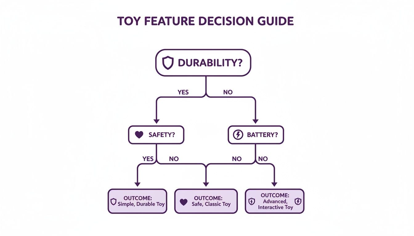 A decision flowchart illustrating toy feature selection based on durability, safety, and battery options leading to different toy types.