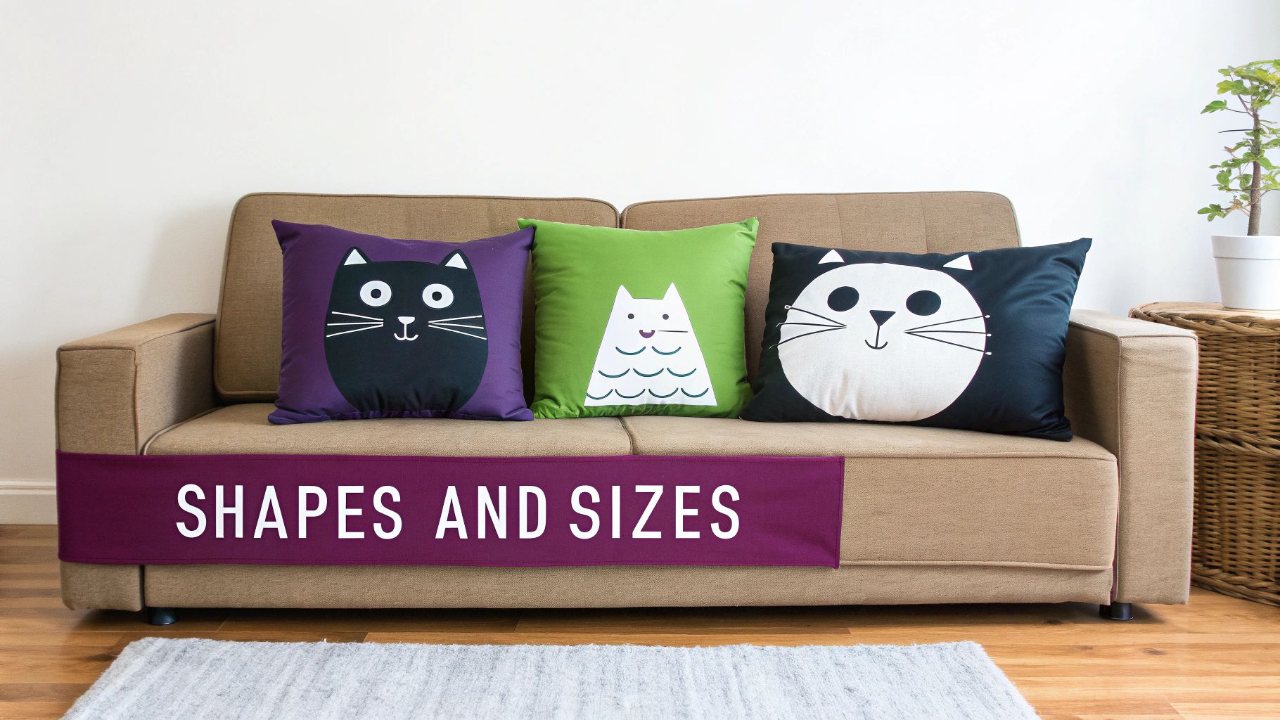 Three cat-themed throw pillows in various colors and designs, displayed on a beige sofa, with a 'SHAPES AND SIZES' banner.