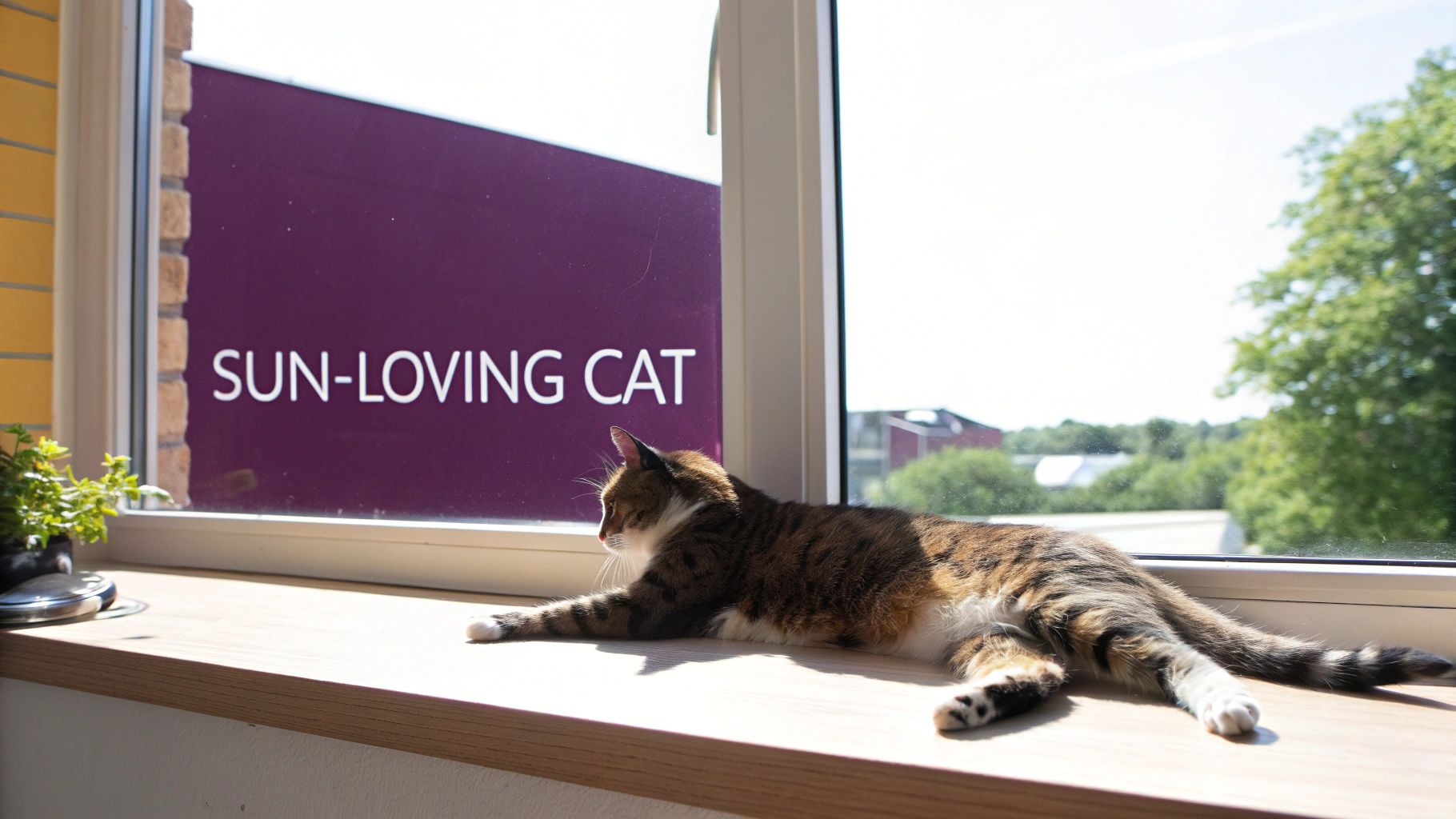 A tabby cat relaxing on a sunny wooden windowsill next to a window with 'SUN-LOVING CAT' text.