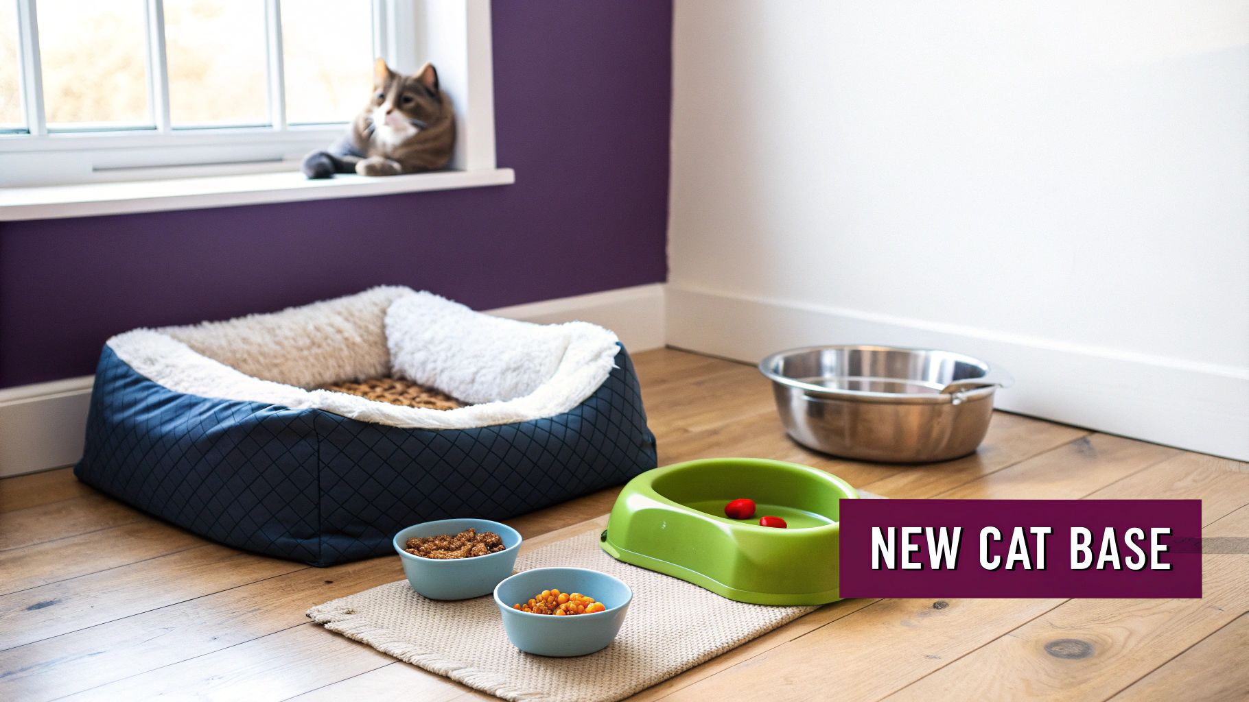 A fluffy white cat peeking out from a cozy, well-furnished room.