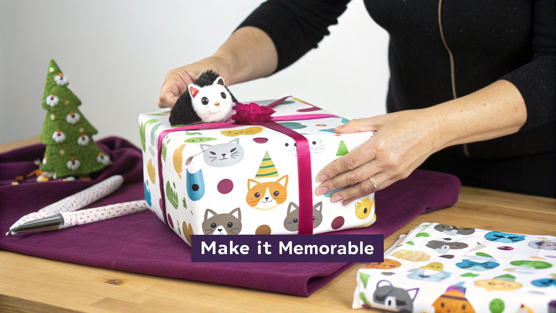 Hands place a cute cat toy atop a cat-themed gift box with pink ribbon and bow.