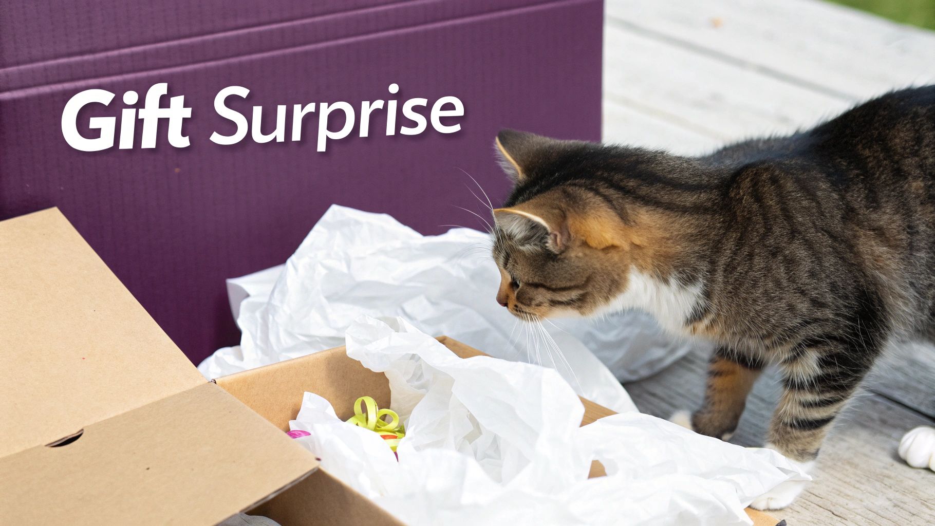A curious tabby cat inspects an open gift box filled with white tissue paper and yellow ribbons.