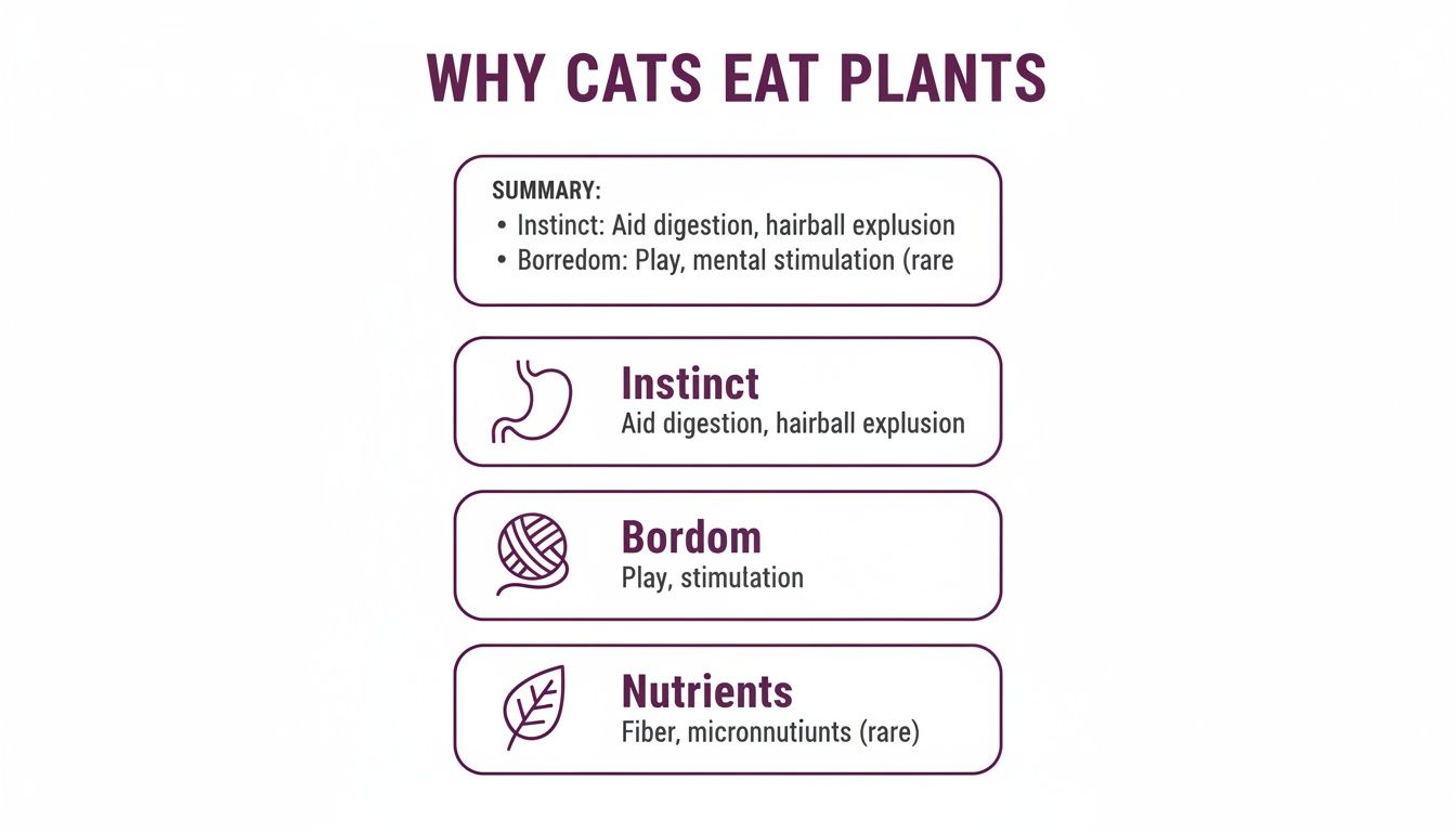 Infographic explaining why cats eat plants, detailing reasons like instinct, boredom, and nutritional needs.