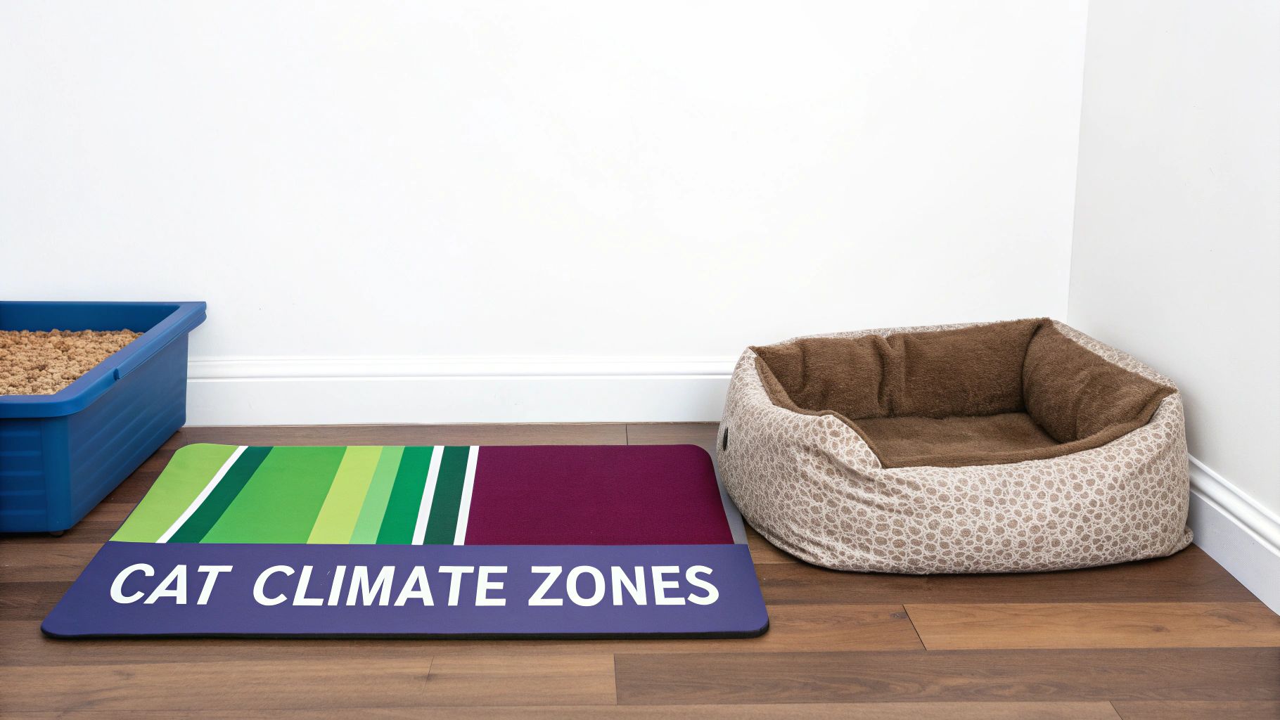 A blue cat litter box, a 'CAT CLIMATE ZONES' mat, and a cozy pet bed on a hardwood floor.