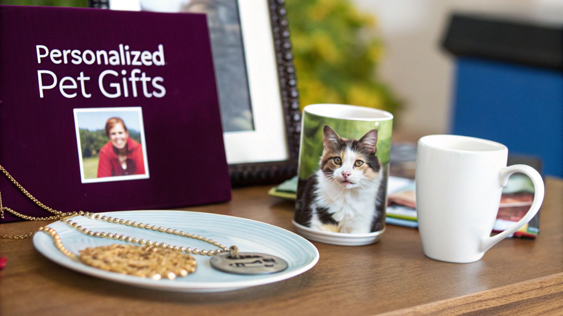 A purple 'Personalized Pet Gifts' book, a cat photo mug, and jewelry displayed on a wooden surface.