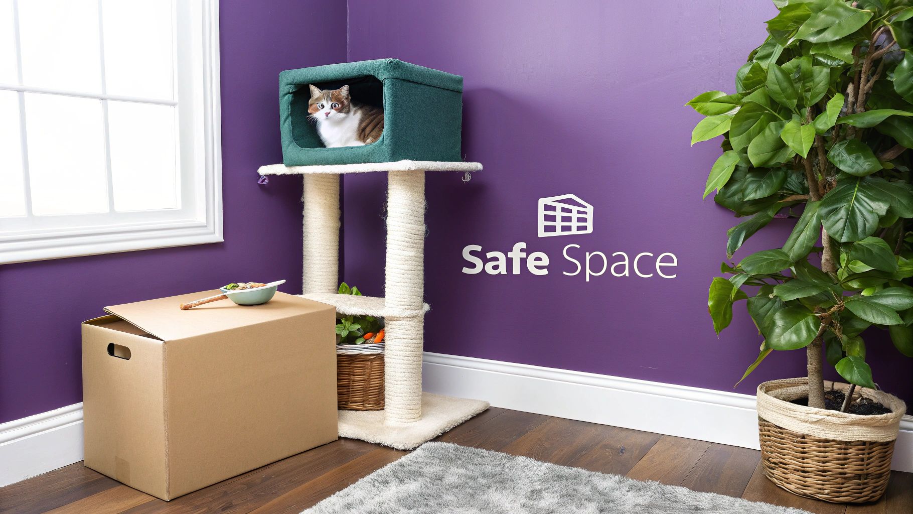 A wide-eyed cat sits in a green cat tree cubby in a purple room with a "Safe Space" logo.