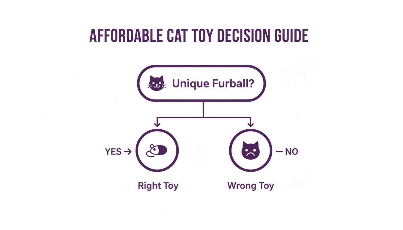 Affordable cat toy decision guide: 'Unique Furball?' leads to 'Right Toy' or 'Wrong Toy'.