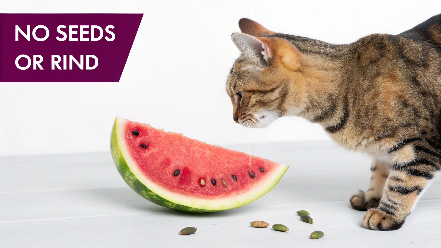 A black cat sitting cautiously beside a large slice of watermelon, looking at the camera.