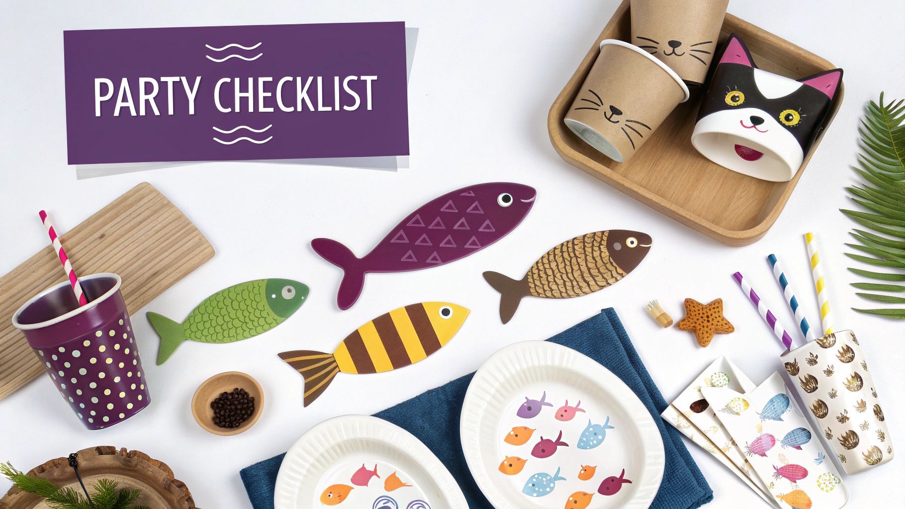 Flat lay of colorful party decorations including fish cutouts, cat-themed cups, paper plates, and straws, alongside a 'Party Checklist' sign.