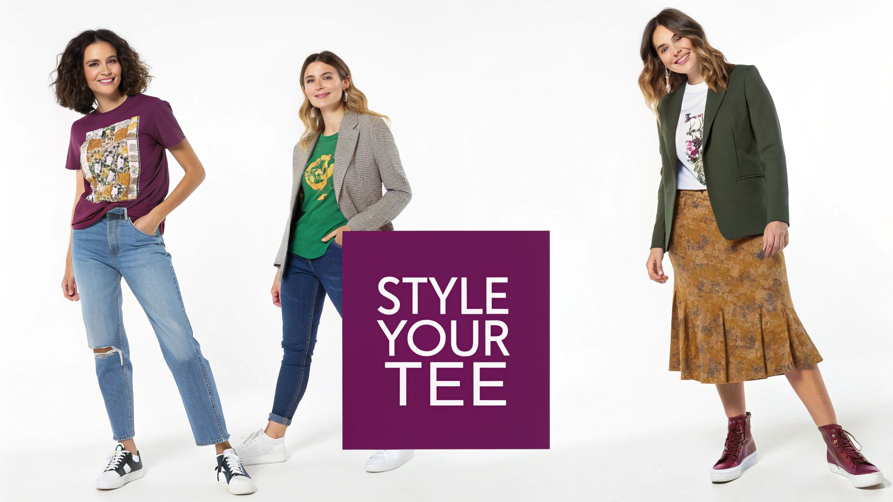 Three smiling women showcasing versatile outfits, each styling a unique graphic t-shirt with modern casual and smart-casual attire.
