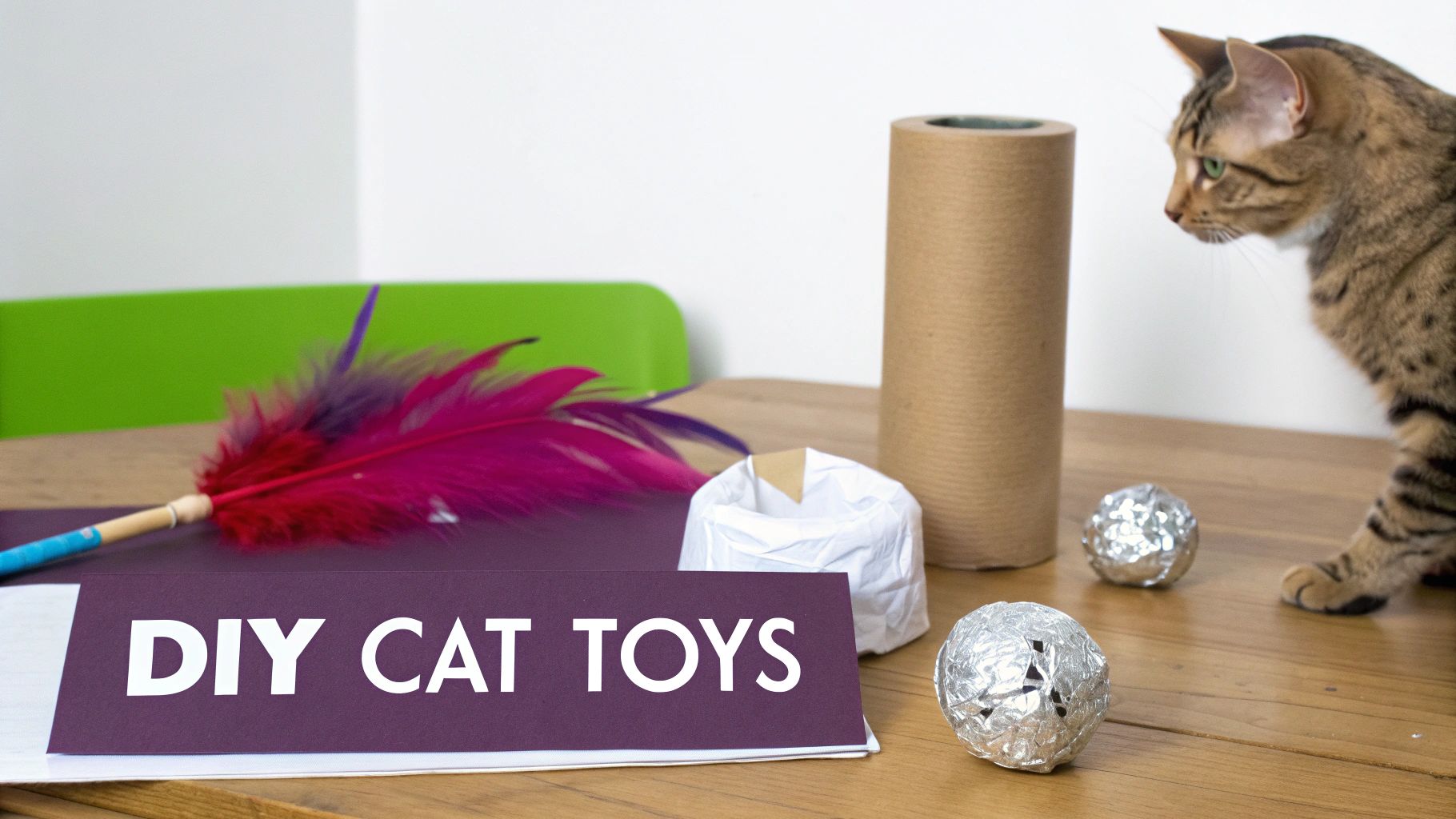 A brown tabby cat looks at various DIY cat toys, including a feather wand and foil balls, on a wooden table.