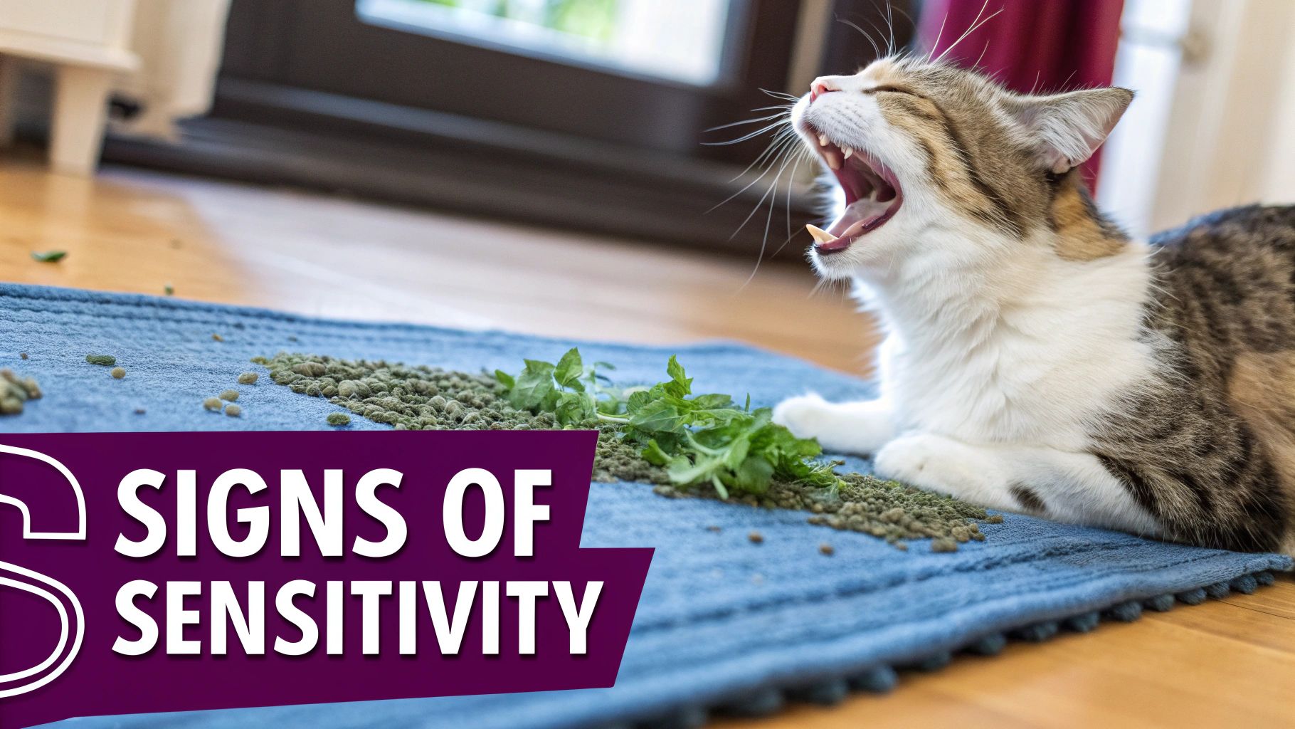 A cat sniffing a catnip toy with a slightly confused expression