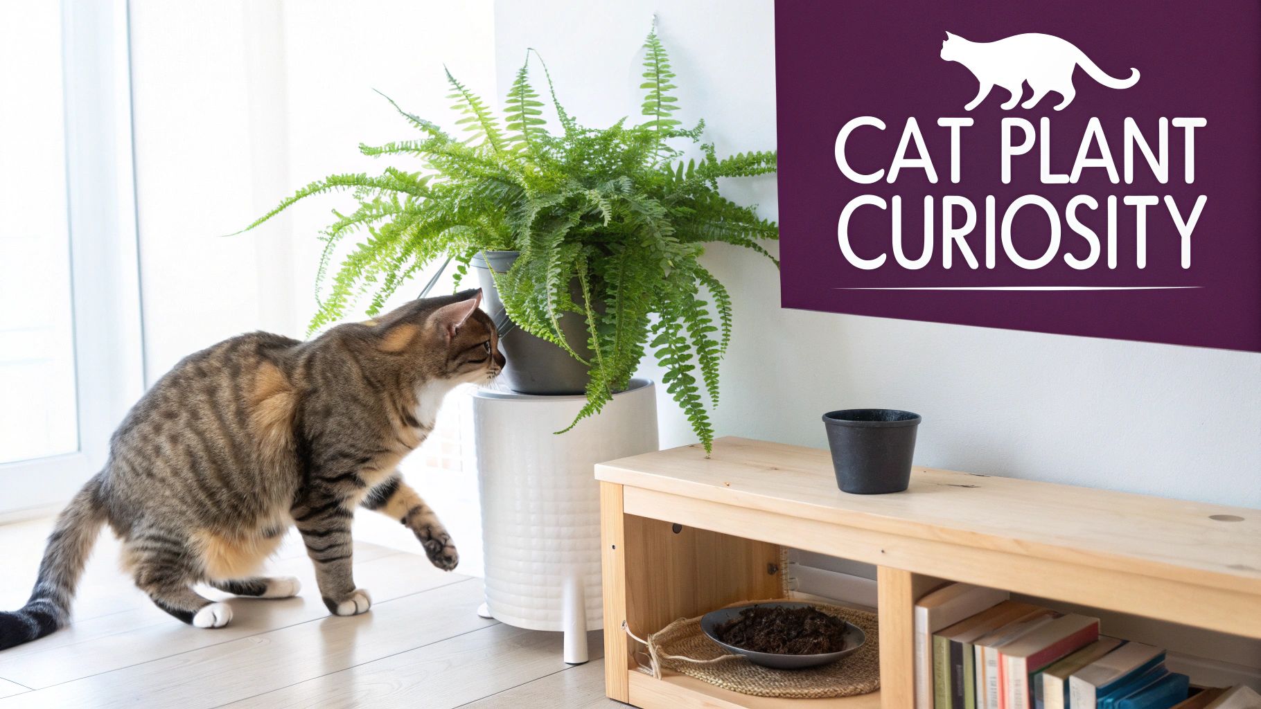 A curious tabby cat sniffing a large green fern plant, with 'Cat Plant Curiosity' overlay.