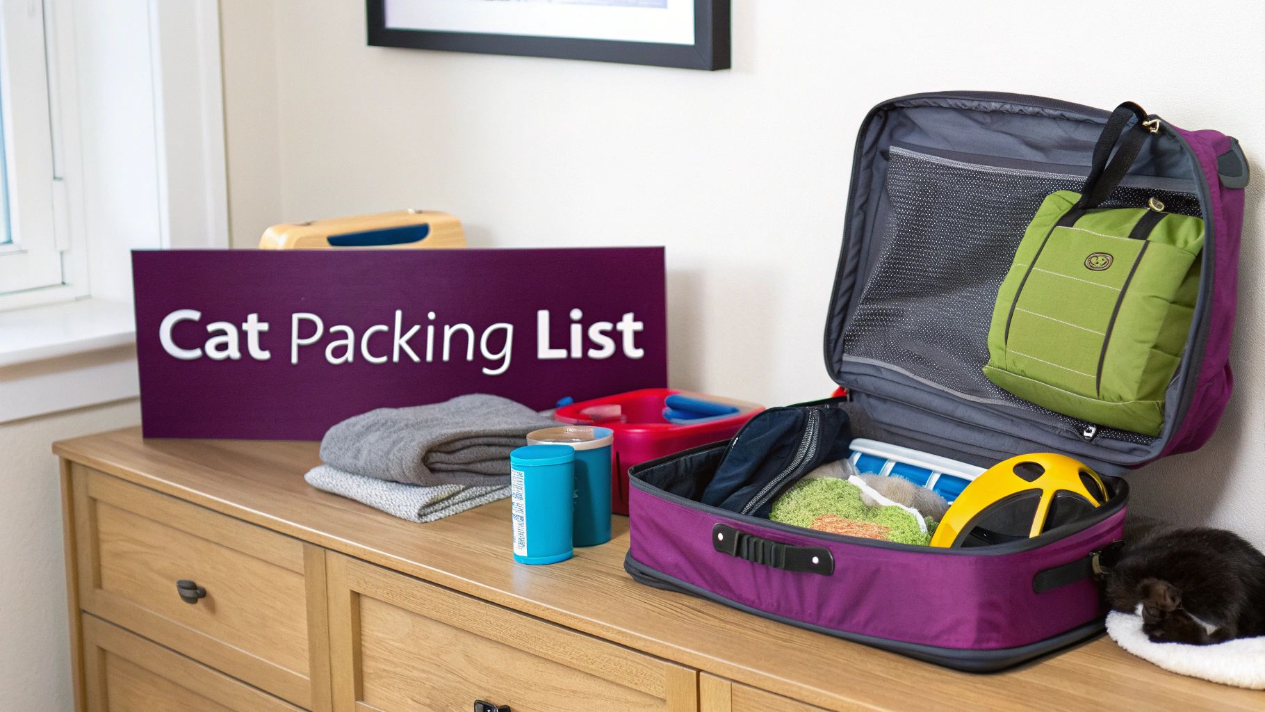 An open suitcase and a 'Cat Packing List' sign on a dresser, with a black cat sleeping nearby.
