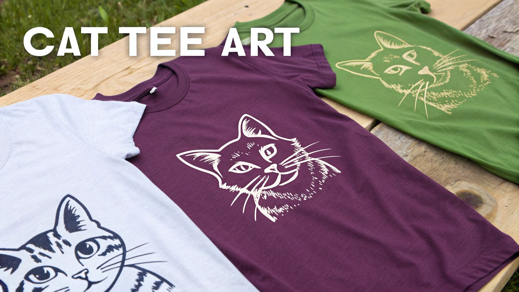 Three graphic tees featuring various cat art designs, displayed outdoors on a rustic wooden surface.