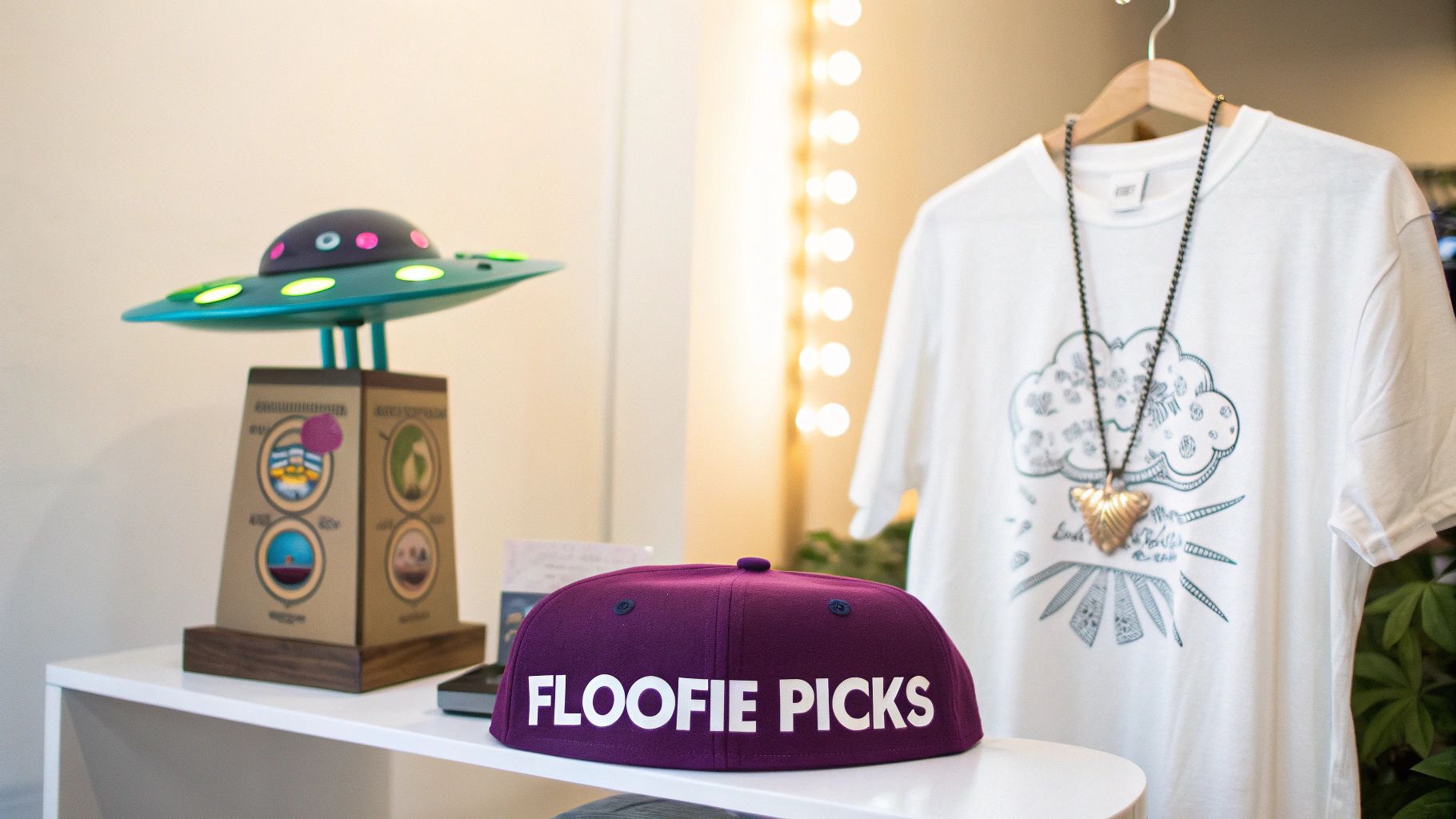 A shop display with a glowing UFO lamp, a purple 'FLOOFIE PICKS' cap, and a white t-shirt with a cloud design.