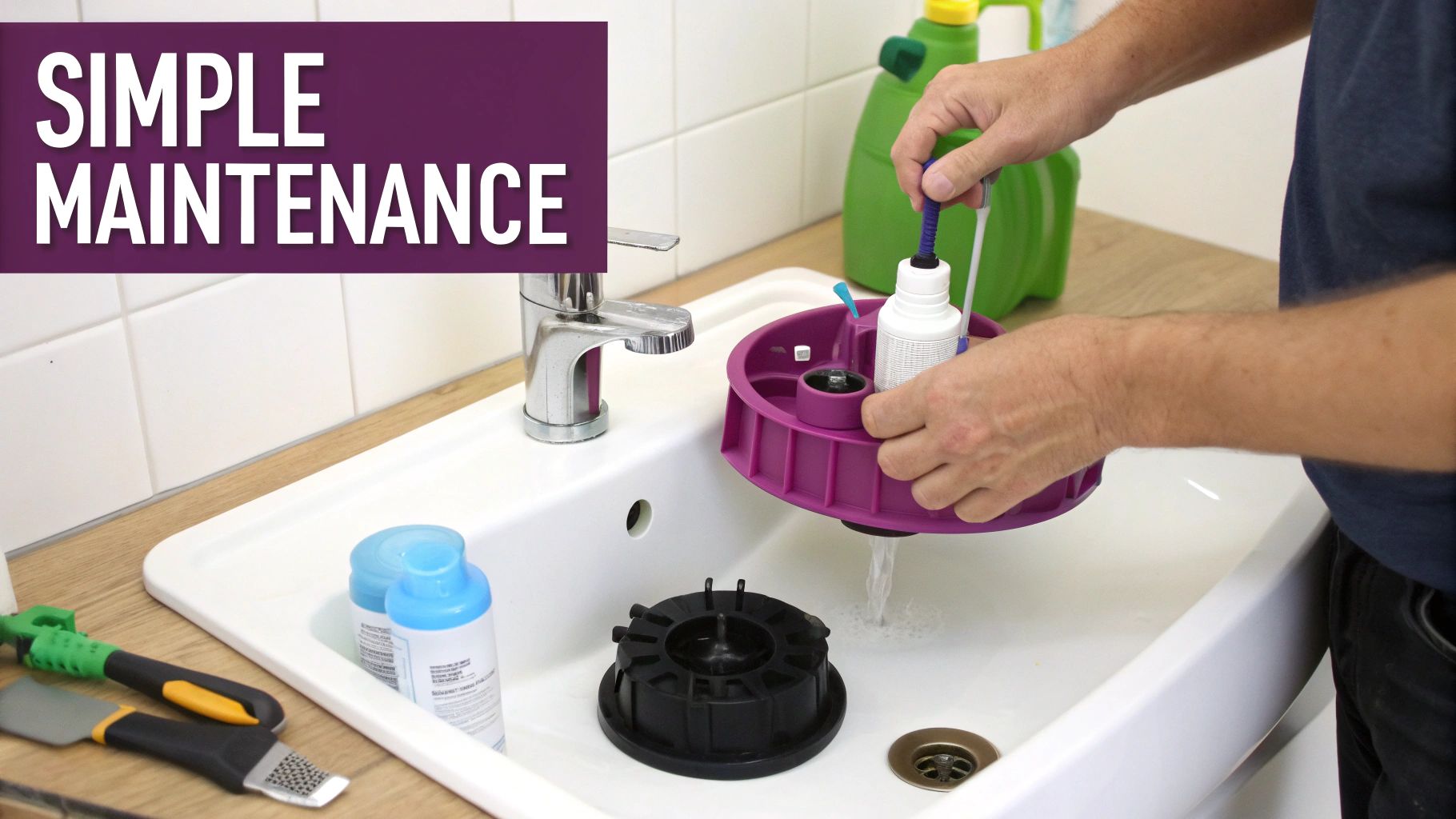 Hands cleaning a purple pet water fountain filter component under running water in a sink.