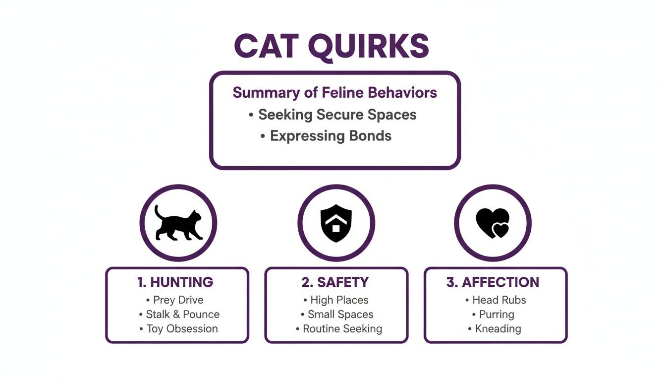 Infographic detailing cat quirks, including hunting, safety, and affection behaviors with descriptions.