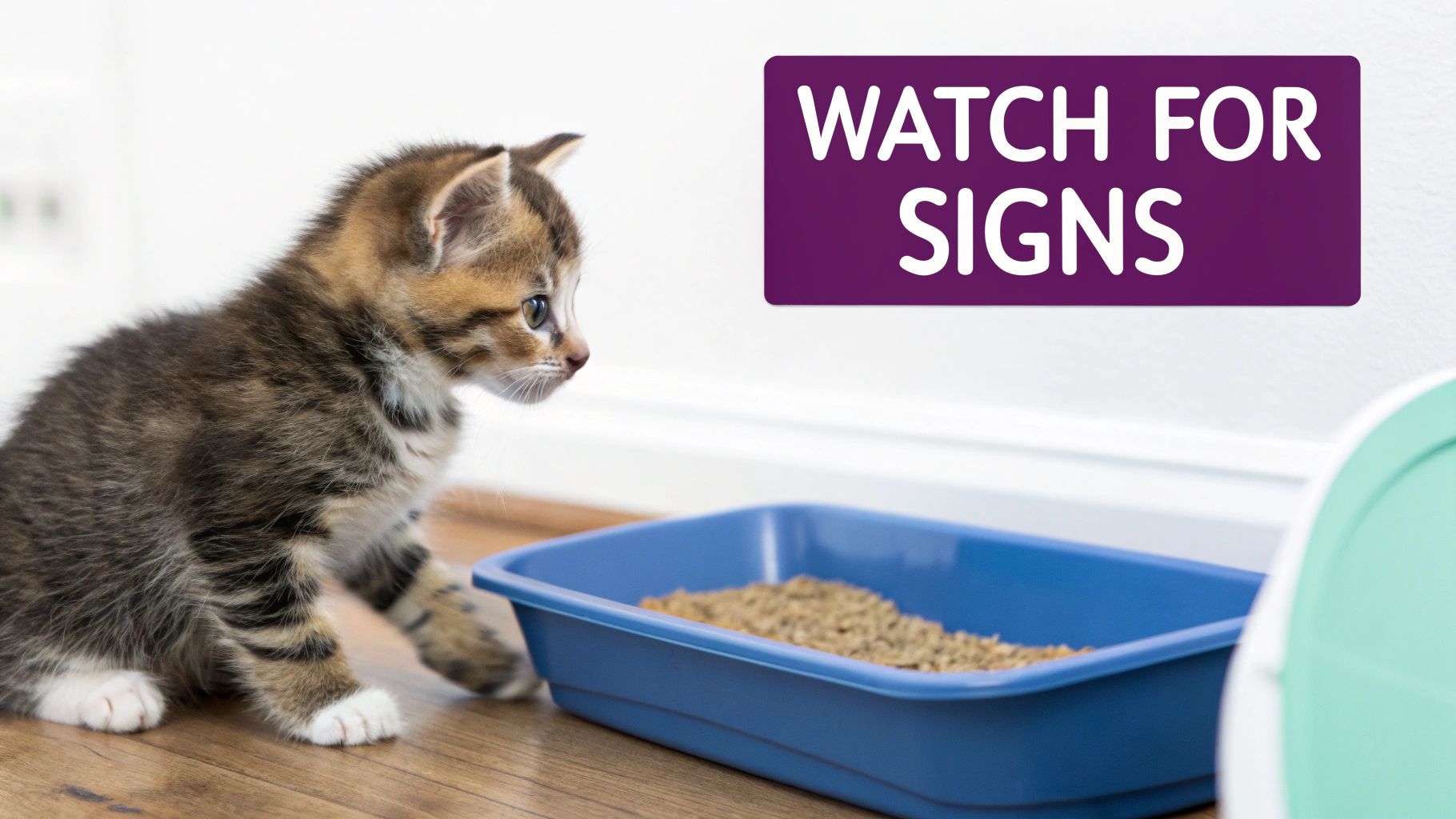 A cute kitten looking up with concerned eyes