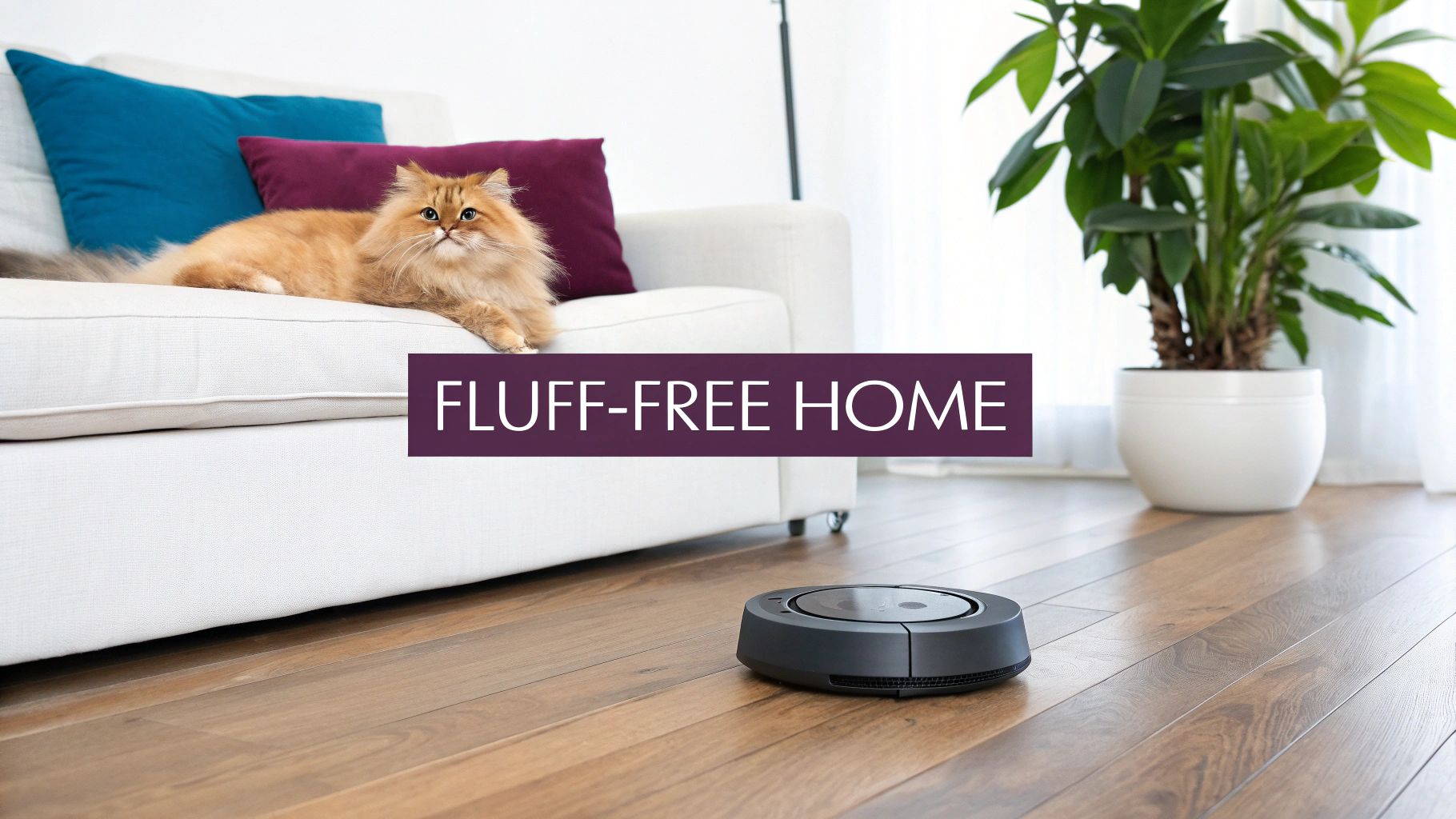 Fluffy orange Persian cat lounging on white sofa with robotic vacuum cleaner on hardwood floor
