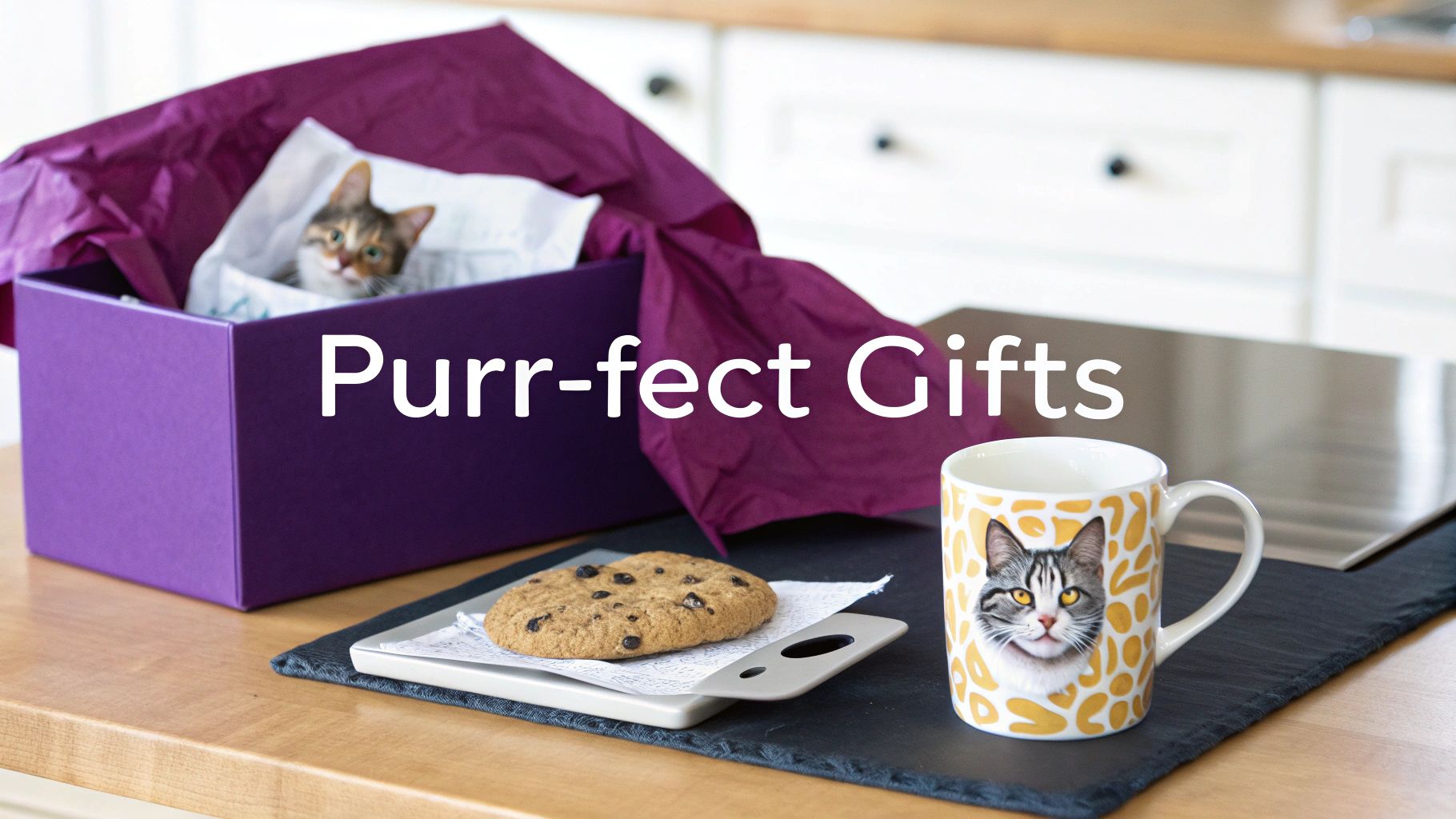 A charming scene with a kitten in a gift box, a cookie, and a cat-themed mug.