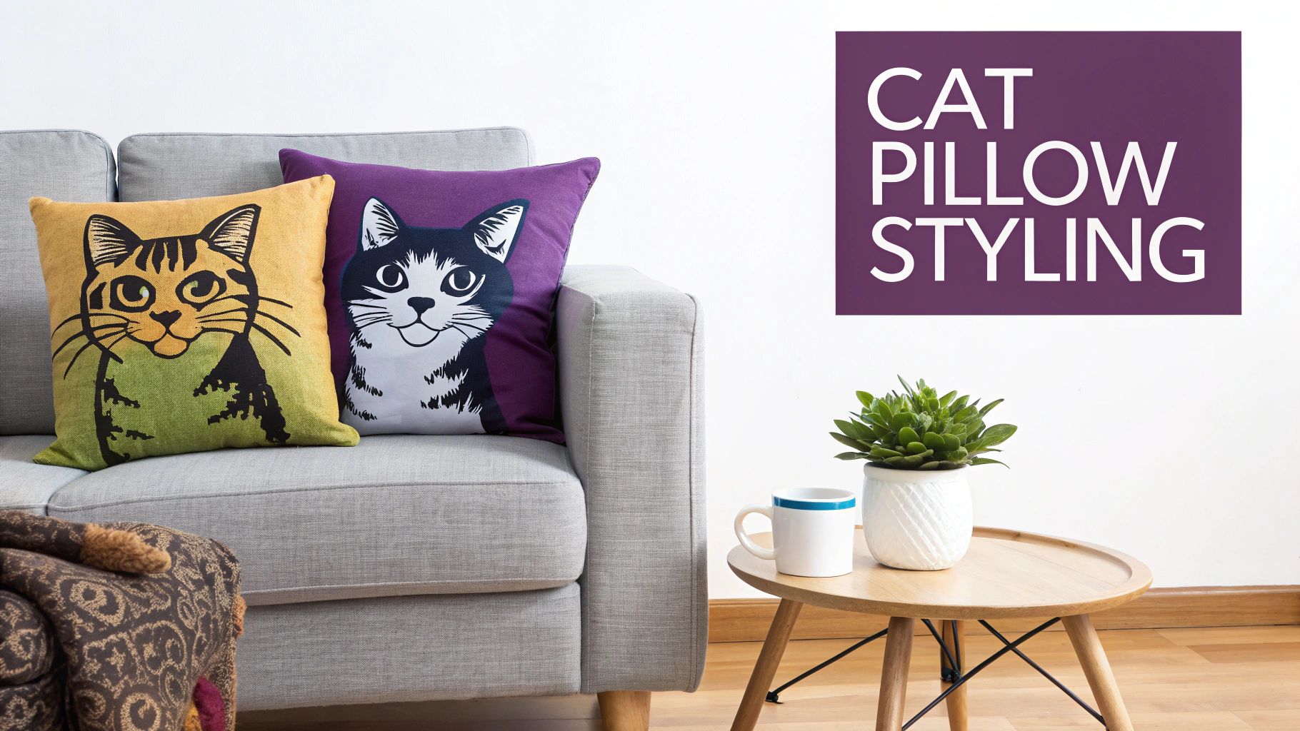 Grey sofa with two cat pillows, plant on table, and 'CAT PILLOW STYLING' text on the wall.